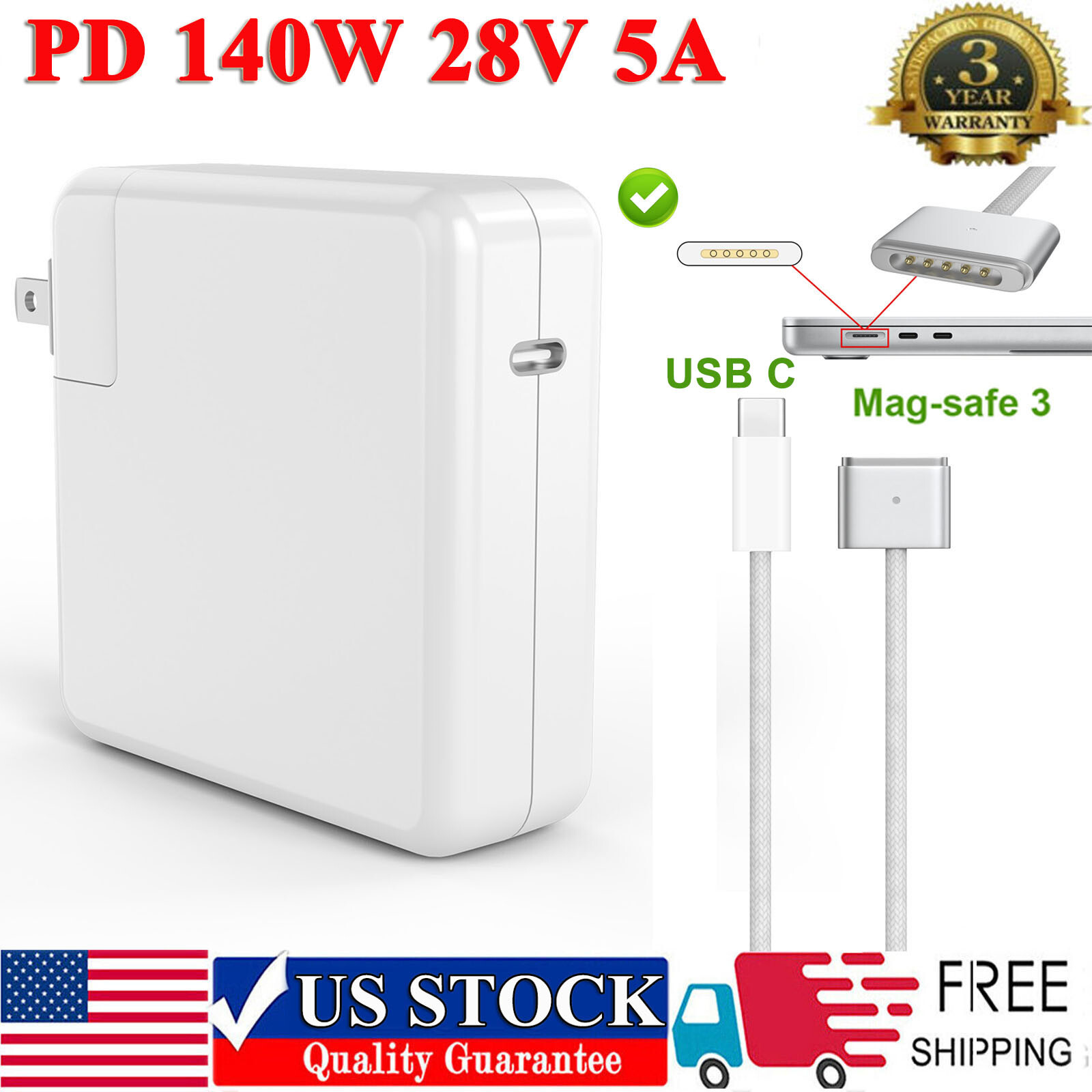 140W USB-C to Mag-safe3 Charger AC Adapter For MacBook 14" 16" A2452/A2779/A2780