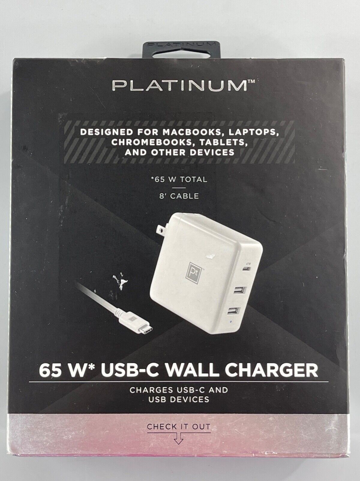 Platinum 65W USB-C Wall Charger with USB-C Cable and 2 USB Ports (PT-PAC65C2U-C)