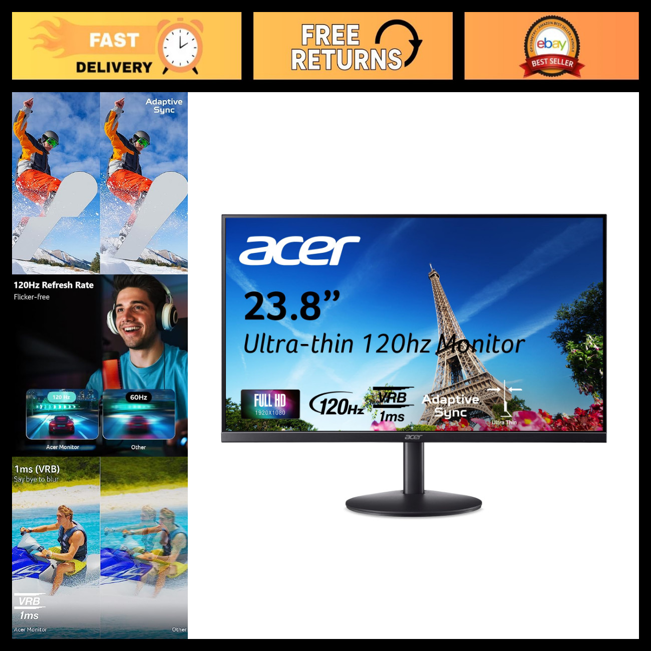 23.8" FHD 1920x1080 IPS Monitor, 120Hz Refresh Rate, Office & Gaming Display