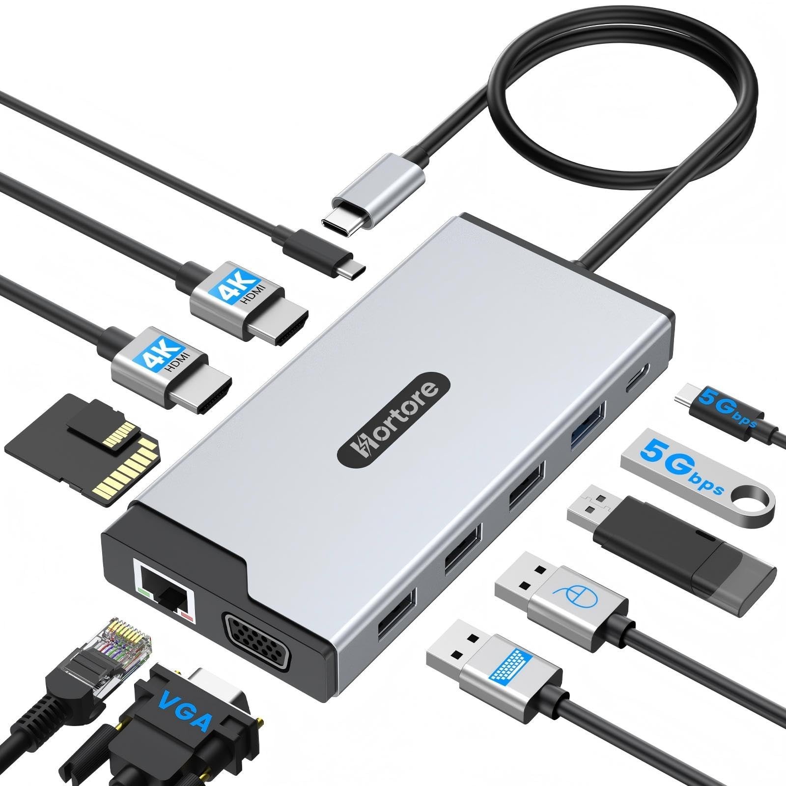 12-IN-1 USB C Hub Triple Monitor Laptop Docking Station 4K HDMI Dual 100W PD