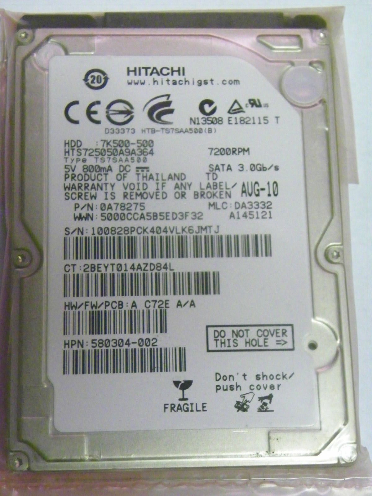 Hitachi HTS725050A9A364 P/N:0A78275 DA:3332 FW:A C72E  A/A  500GB 2.5" SATA HDD