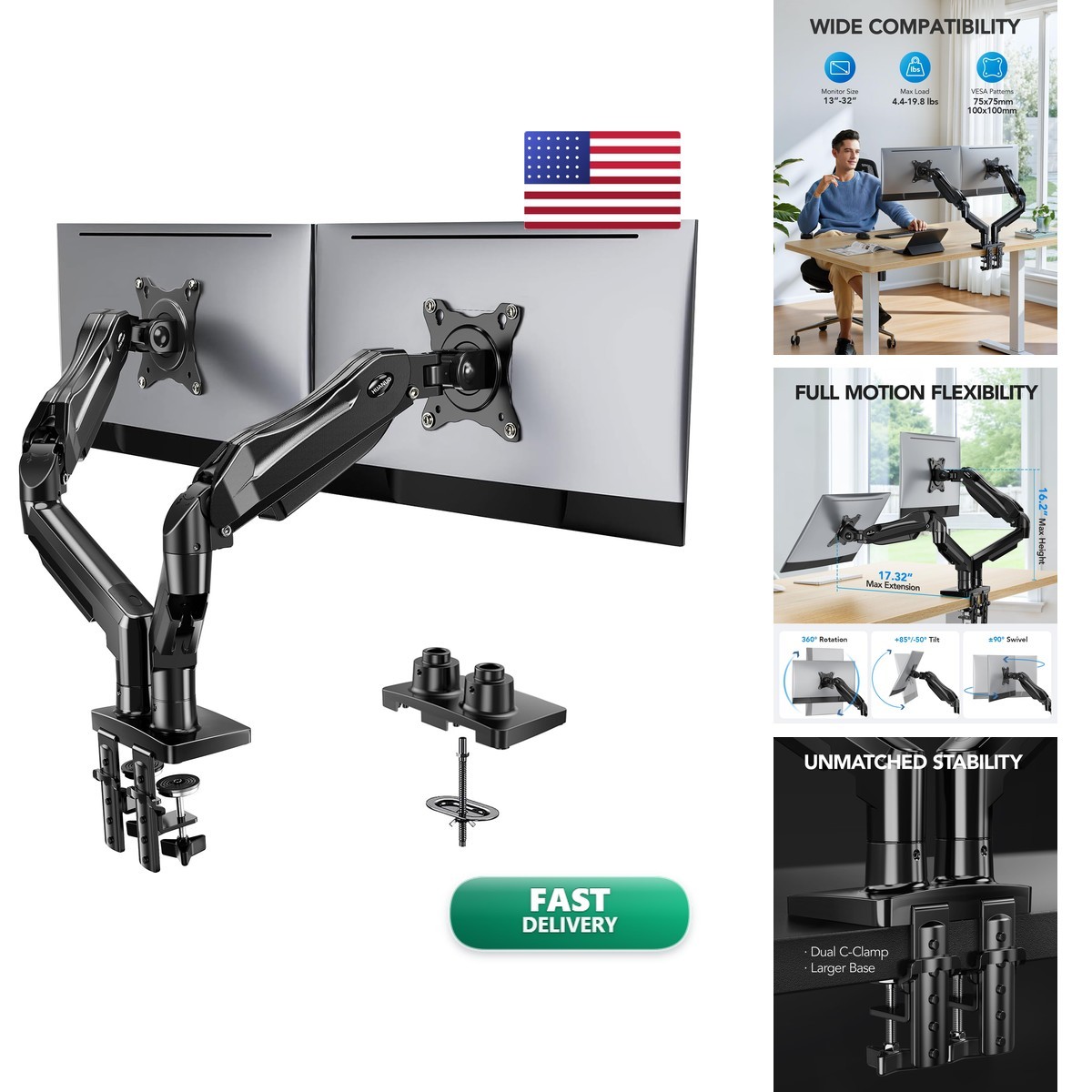 HUANUO HNDS6 FlowLift Dual Monitor Stand Desk Mount C-Clamp Grommet for 13-32"