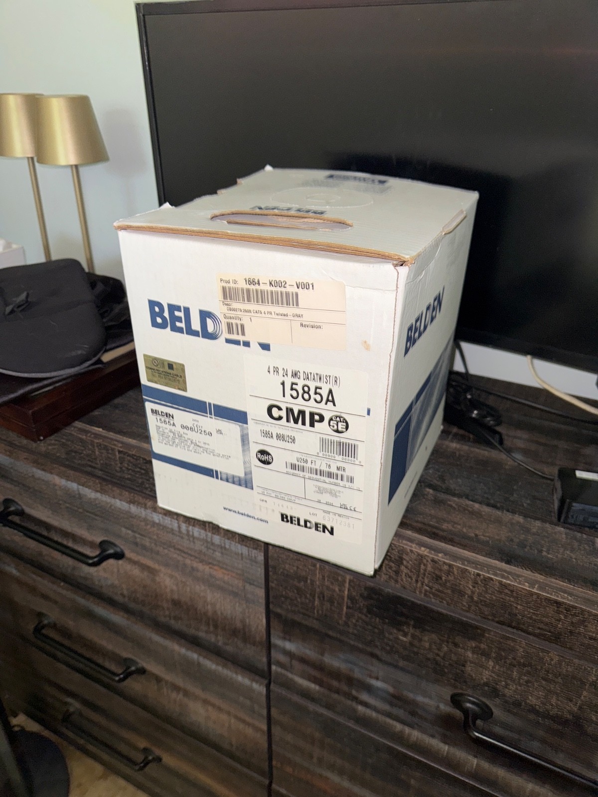 250 FT Belden 1585A 4-Pair 24 AWG Cable Plenum-CMP PVC-LS,, Gray Cat5E Rated