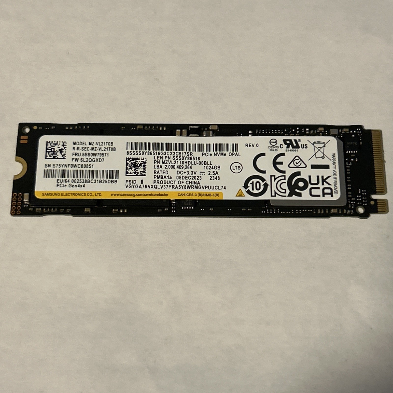 NEW 1TB SAMSUNG PM9A1a MZ-VL21T0HDLU NVME PCI-E GEN4X4 LENOVO (OEM 990 PRO) 100%