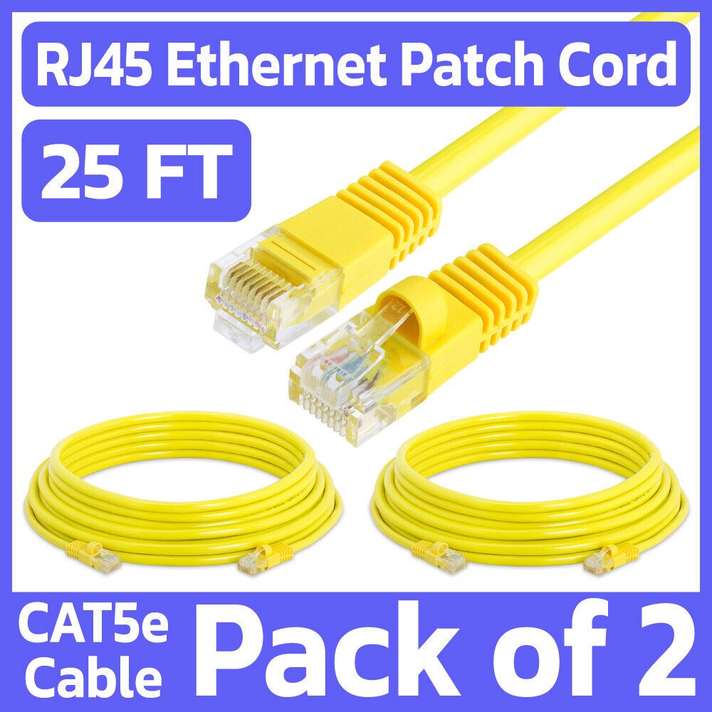 2 Pack Yellow Cat5e Ethernet Patch Cable 25ft RJ45 Network Cord Internet Wire