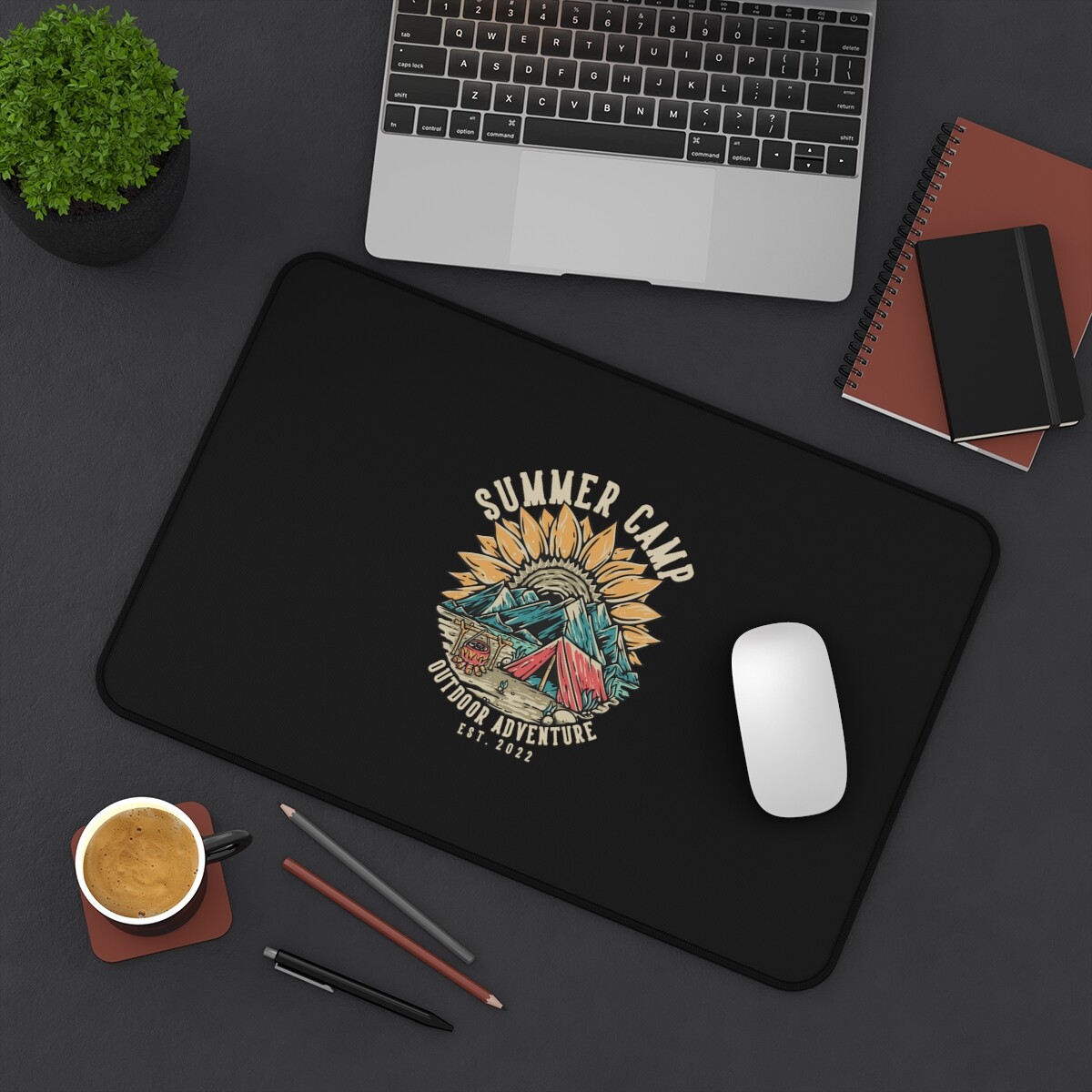 Summer Camp Outdoor Adventure With Tent And Mountains, Adventure Desk Mat