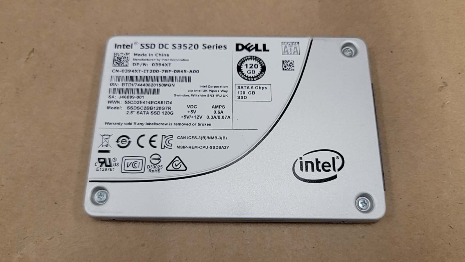 Dell 394XT  SSDSC2BB120G7R DCS3520 Series 120GB 6Gbps SATA 2.5in SSD 94% Health