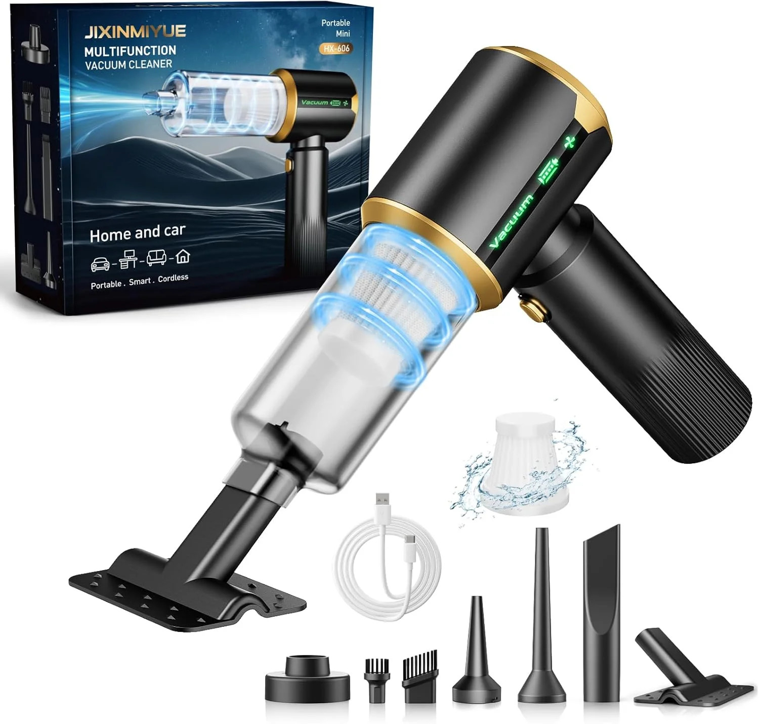 Cordless Handheld Car Vacuum Cleaner: 7-in-1 & 16000Pa Suction -Tar-Black