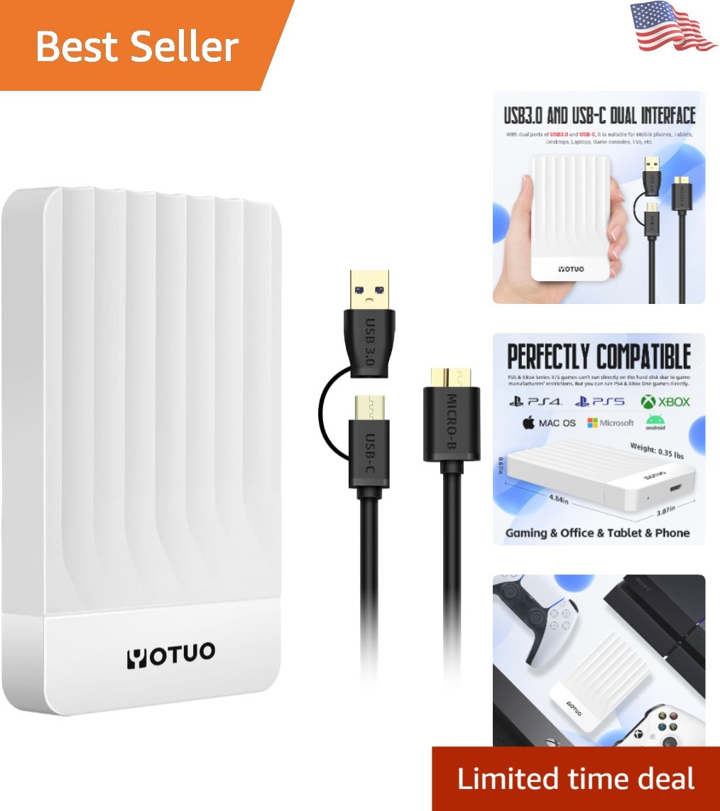 Compact 500GB External Hard Drive with USB 3.0 & USB-C - Plug & Play Convenience