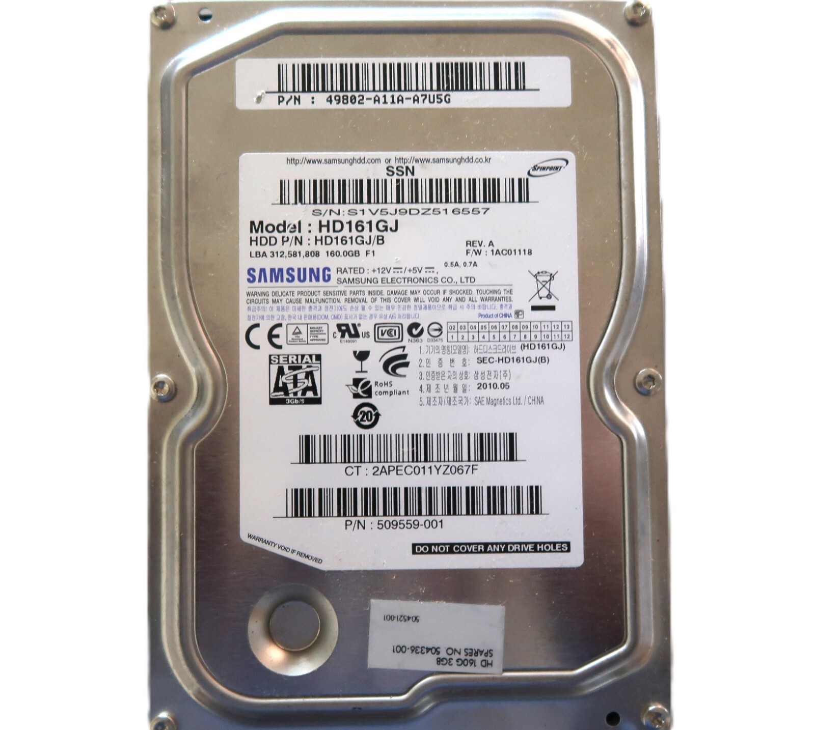 Samsung HD161GJ (HD161GJ/B) 1AC01118 RevA SSN 49802-A11A-A7U5G 160gb 2010.05