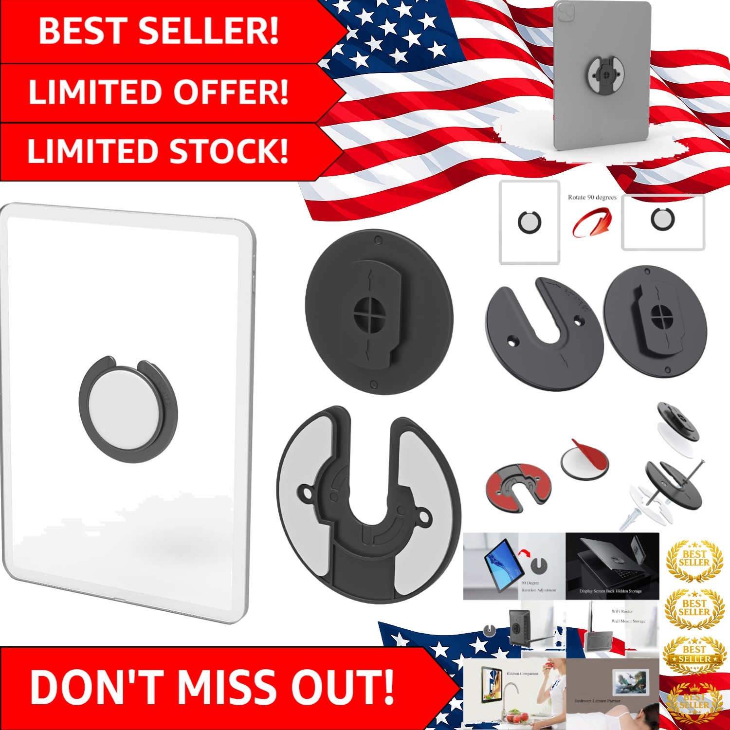 Compact 90-Degree Rotating Tablet Wall Mount - Hidden Storage for Clean Living