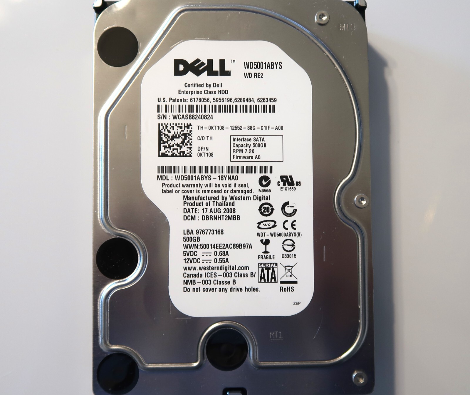 WD WD5001ABYS-18YNA0 DBRNHT2MBB (WCAS) Thailand 500gb 3.5" Sata HDD 17AUG2008
