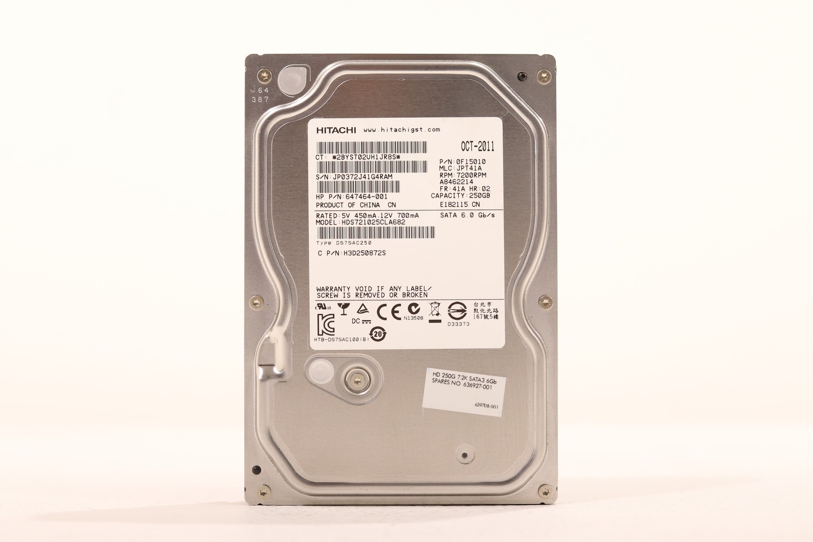 HP HDS721025CLA682 250GB 3.5" 6Gb/s 8MB 7.2K RPM SATA Hard Drive P/N: 647464-001