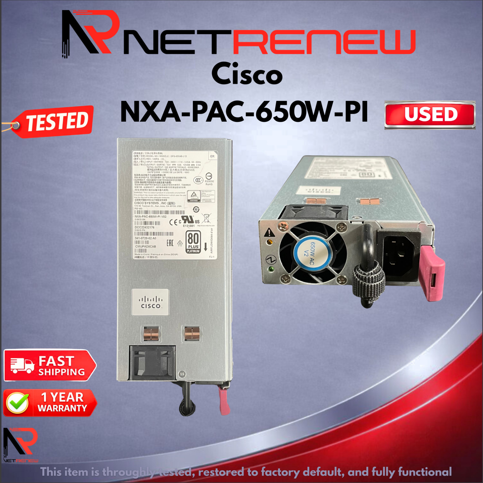 Cisco NXA-PAC-650W-PI 650W AC Power Supply Fully Functional