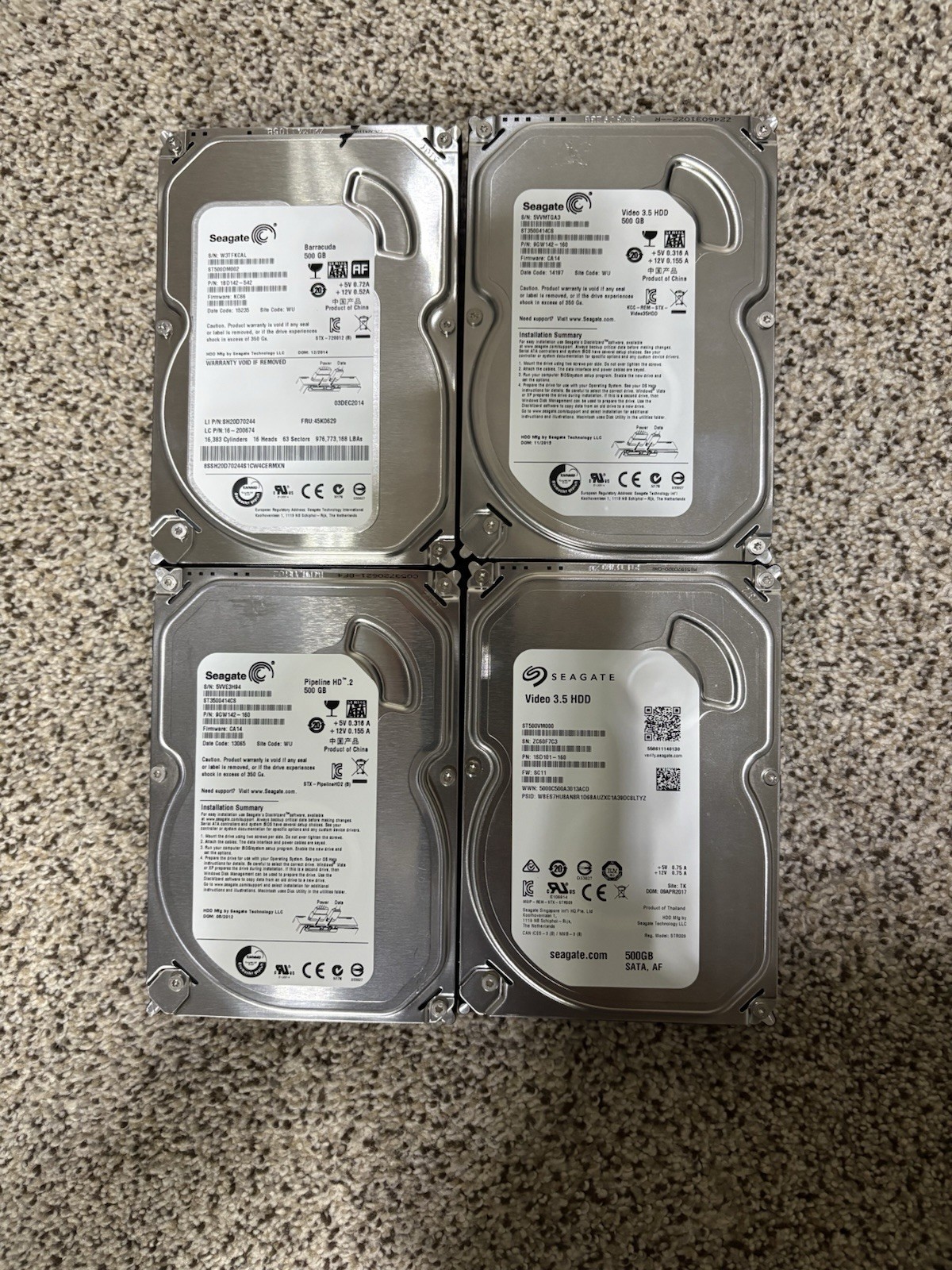 Bundle Of 4 Seagate 500GB 3.5” SATA Hard Drives - Mixed Speeds - Formatted Works