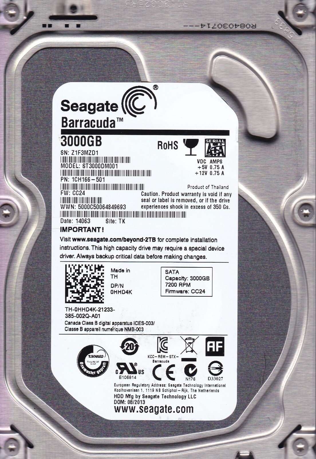ST3000DM001 p/n: 1CH166-501 f/w: CC24 s/n: Z1F3 TK 08/2013 3TB SATA 3.5" SEAGATE