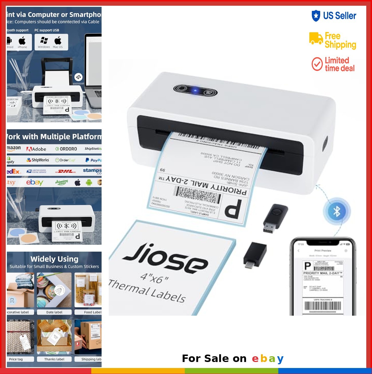 Thermal Label Printer 4x6 Bluetooth USB 203 DPI 152mm/s for Shipping Labels