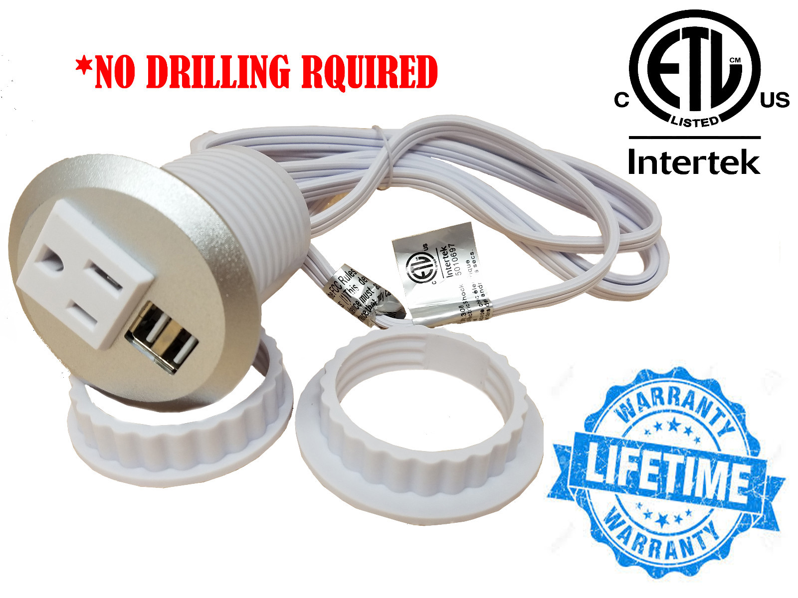Table Desktop Power Grommet Outlet 1 US Plugs  2 USB Ports Charger - NO DRILLING