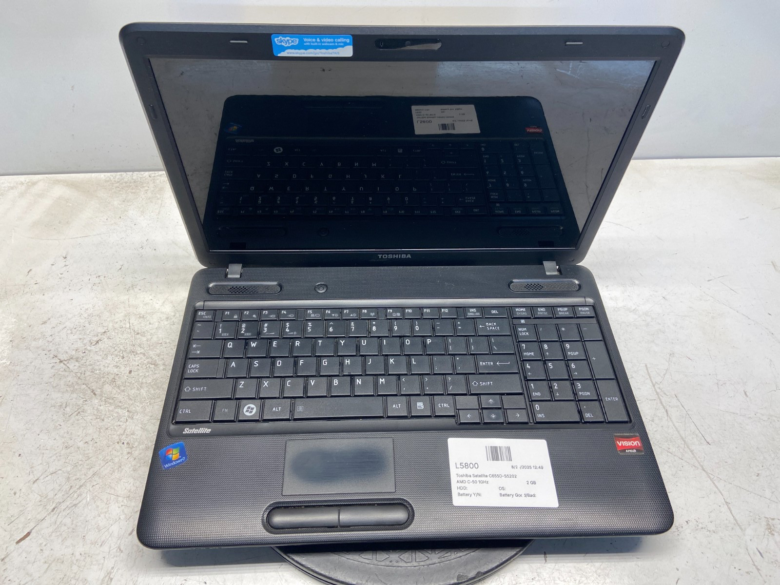 Toshiba Satellite C655D-S5202 AMD C-50 1GHz 2 GB NO HDD READ