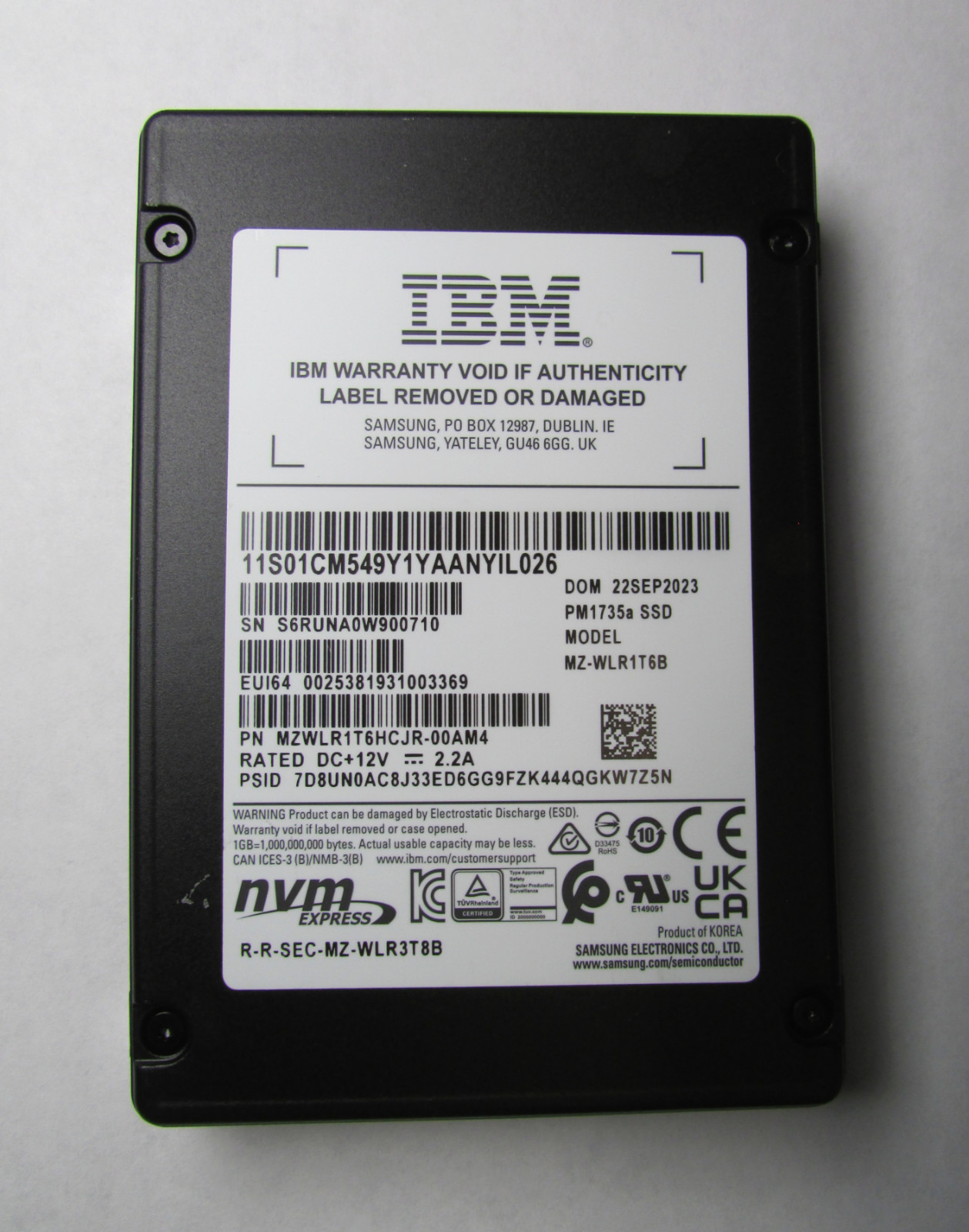 Samsung / IBM PM175a 1.6 TB Gen 4 x4 NVME U.2 SSD Drive