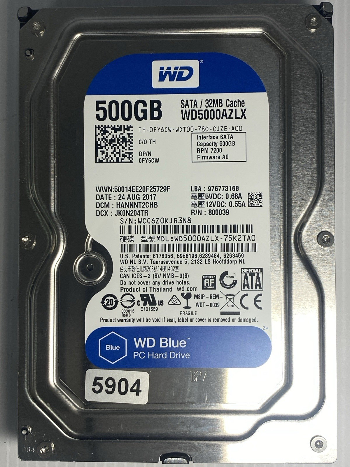 DELL WD5000AZLX WESTERN DIGITAL WD BLUE FWA0 500GB 3.5" SATA HDD | 0FY6CW