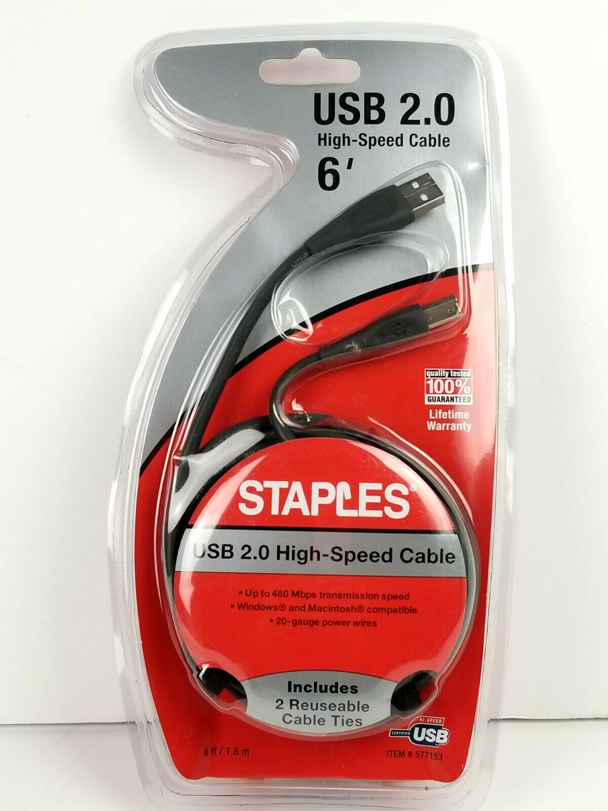 Staples 6' Hi-Speed USB 2.0 Cable, Black