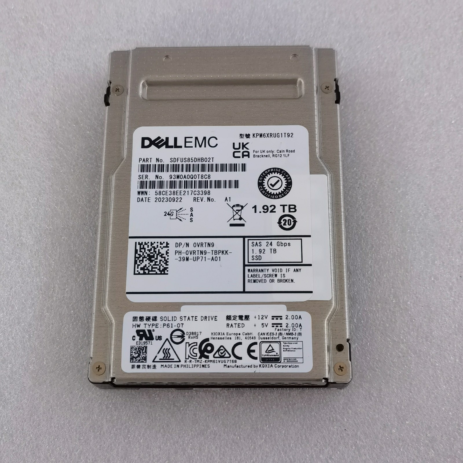 Original Dell 0VRTN9 KPM6XRUG1T92 2.5" 1.92TB SAS SSD 24Gb/s Solid State Drive.