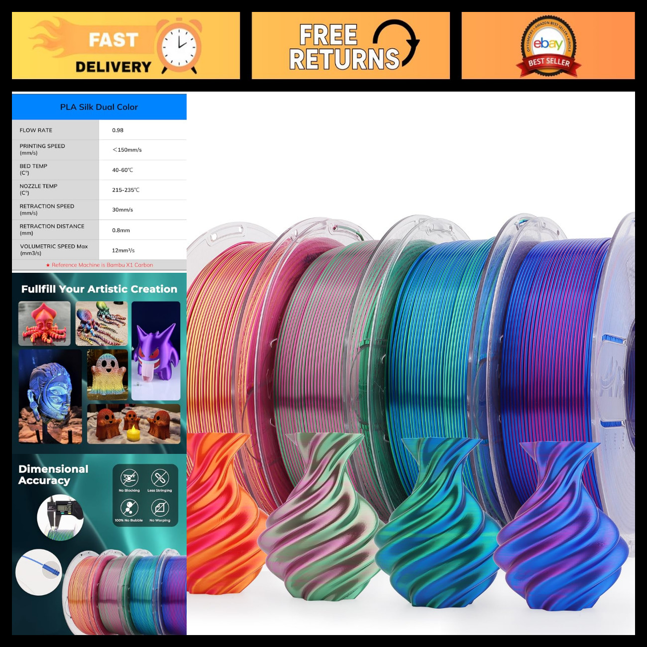 Shiny Dual Color PLA 3D Printer Filament Bundle - 1.75mm Multi-Color Change, 4 S