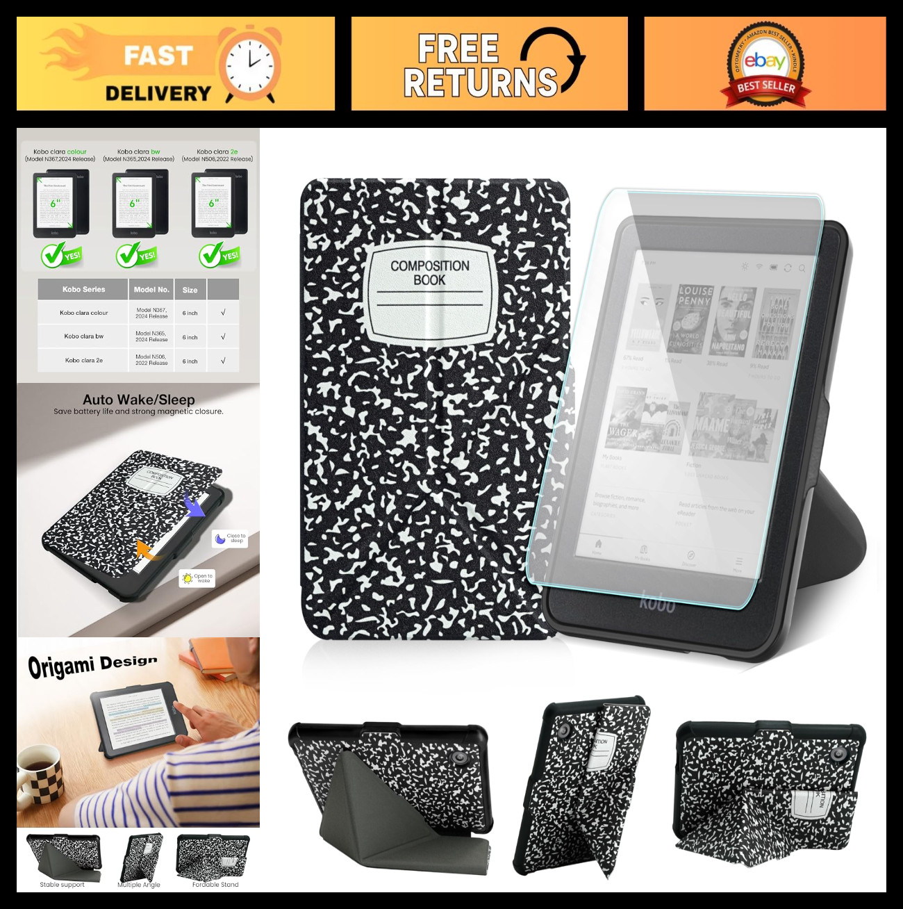Kobo Clara 6" Case with Origami Stand, Auto Wake/Sleep & Screen Protector - Comp