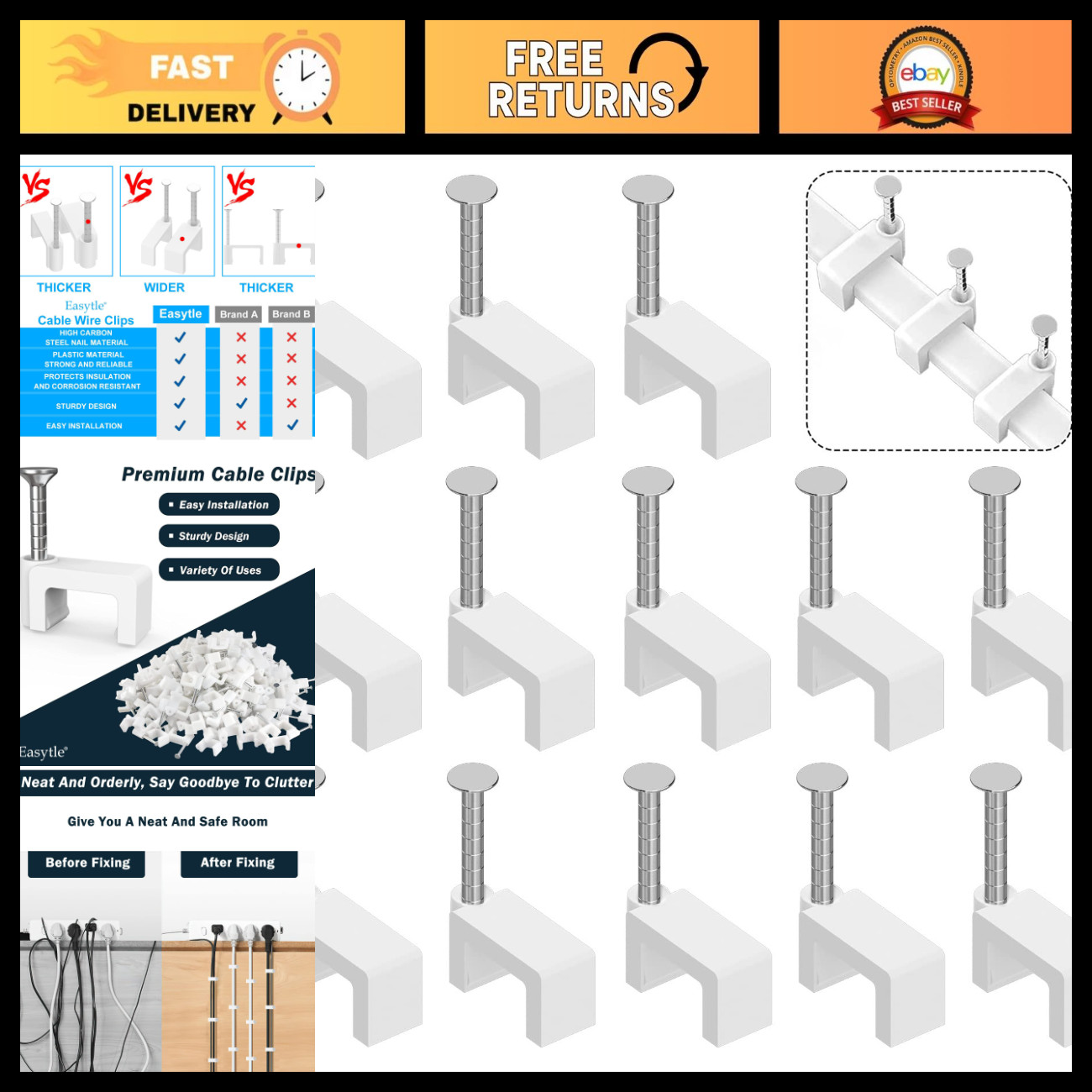 200 Pcs 8mm Cable Clips for Ethernet, Coax & Speaker Wire - Wall Nail Fasteners