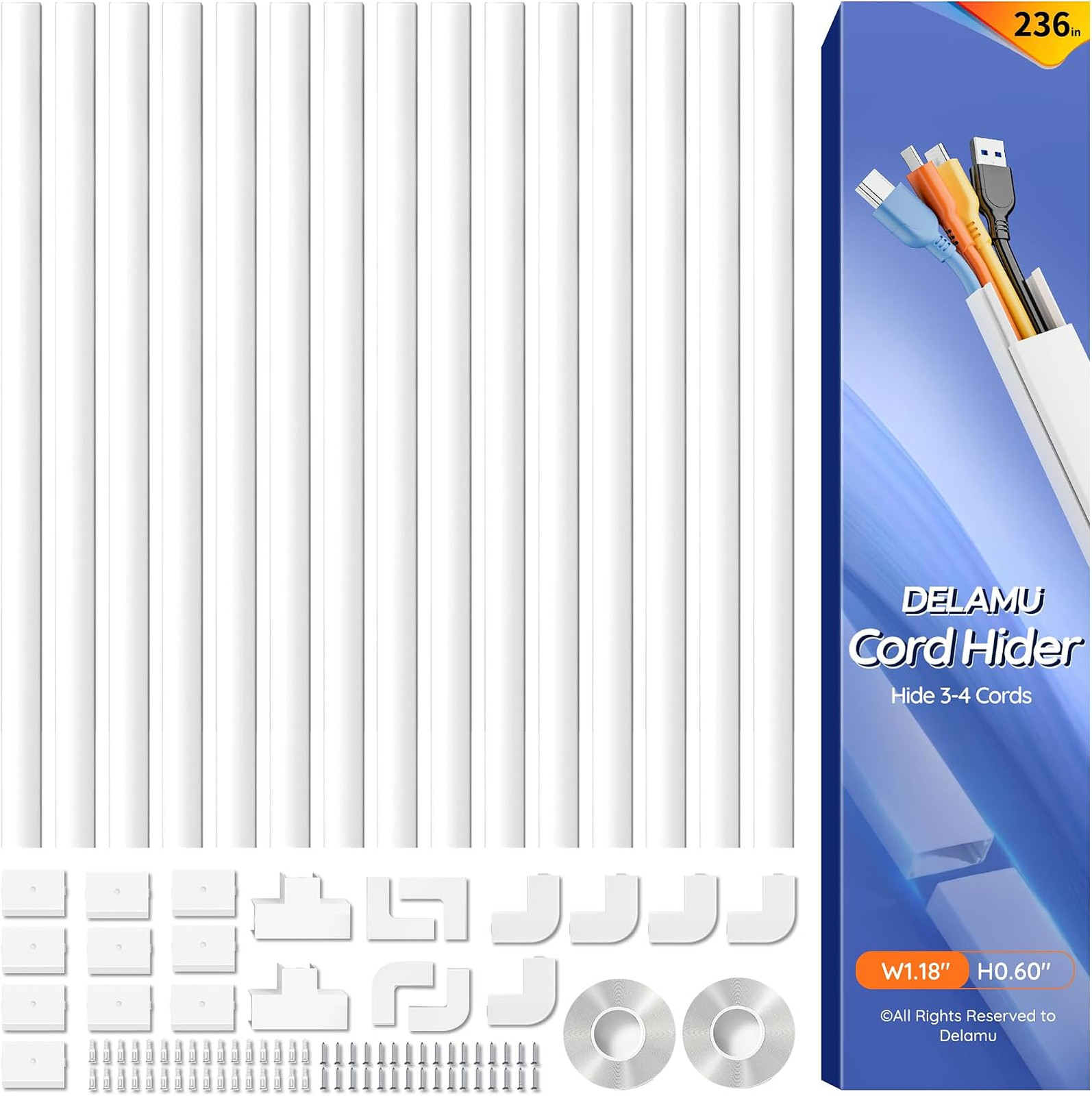 236 Inch Cable Hider Kit Wall Mount Raceway Cover for Wires Management White