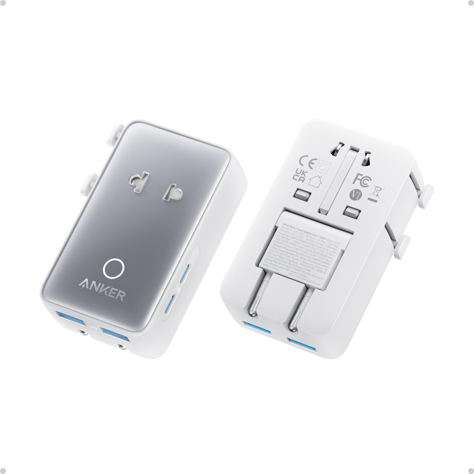 Anker Nano Travel Adapter, 2 USB C Universal 3.39 x 1.97 x 0.98 inches, White