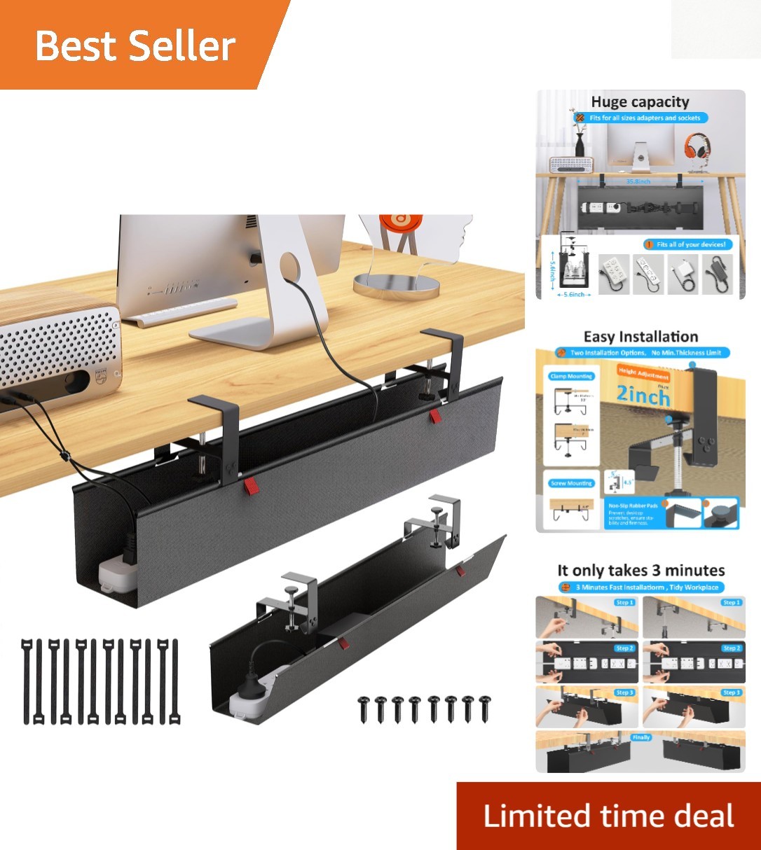 Flame-Retardant Under Desk Organizer - Easy Install Cable Management Tray