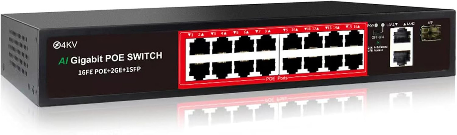 16-Port POE Switch with 2 Gigabit Uplinks, 240W, 250m Range, Plug & Play