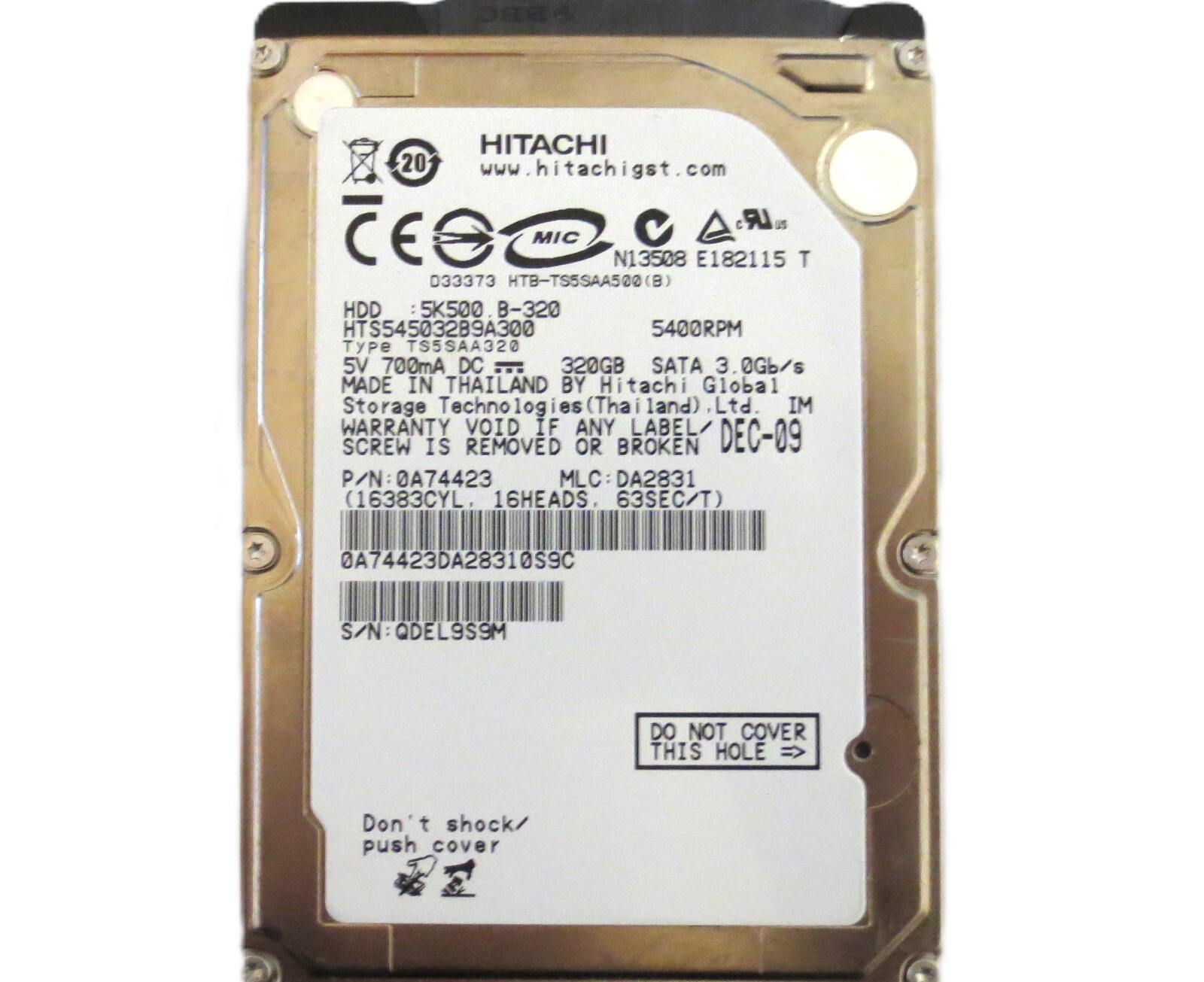 Hitachi HTS545032B9A300 0A74423 DA2831 Thailand 320gb 2.5" Sata HDD 2009