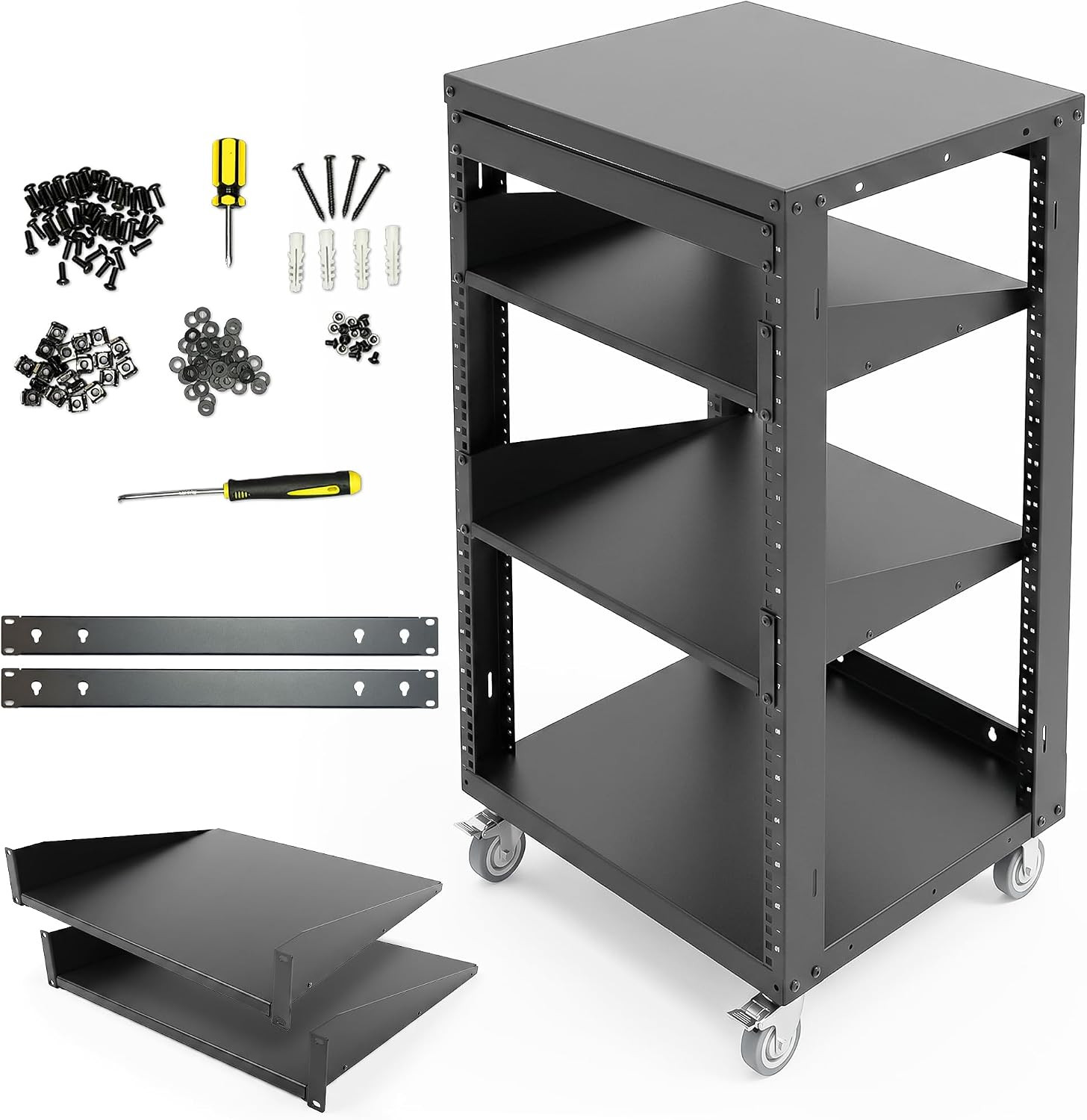 Axcessables 16U Open Frame Network & AV Rack with Caster Wheels, Two 2U Shelves,