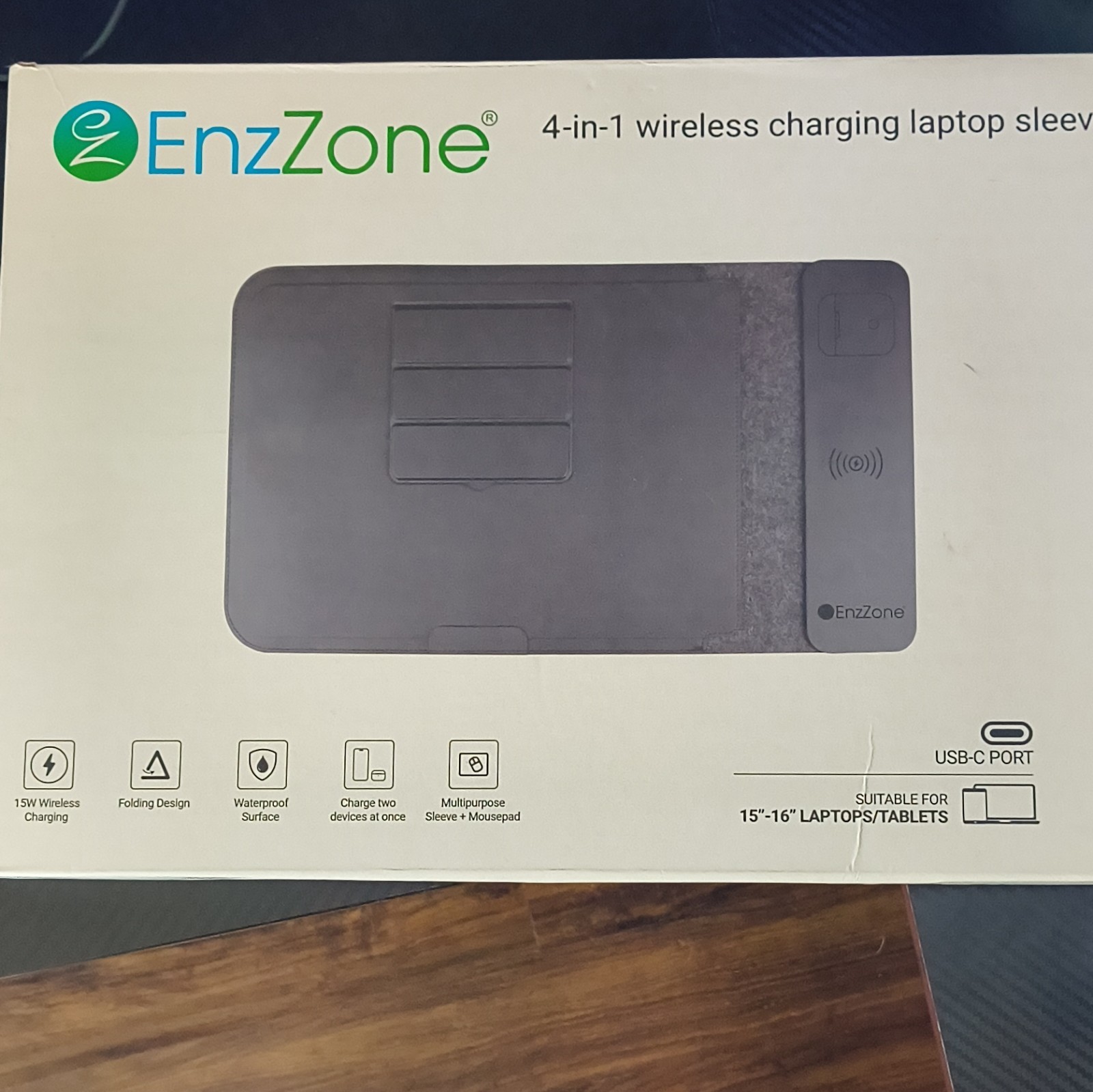 EnzZone 4-in-1 Leather Sleeve Case 15-16in Gray Waterproof USB-C Wireless