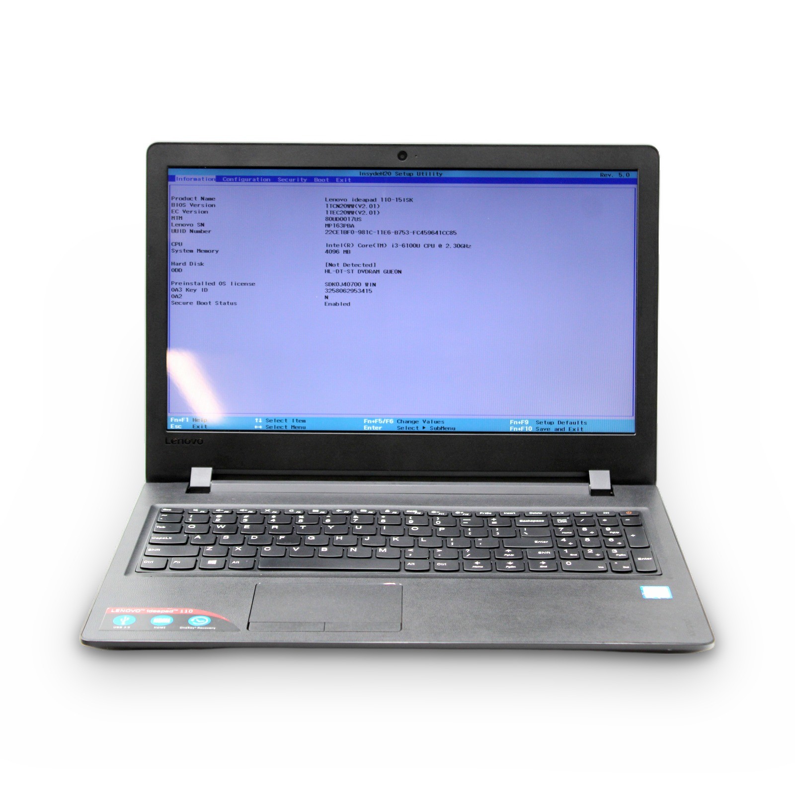 Lenovo IdeaPad 110-15ISK 15.6in i3-6100U 4GB DVD No OS, Drive, Power Cord