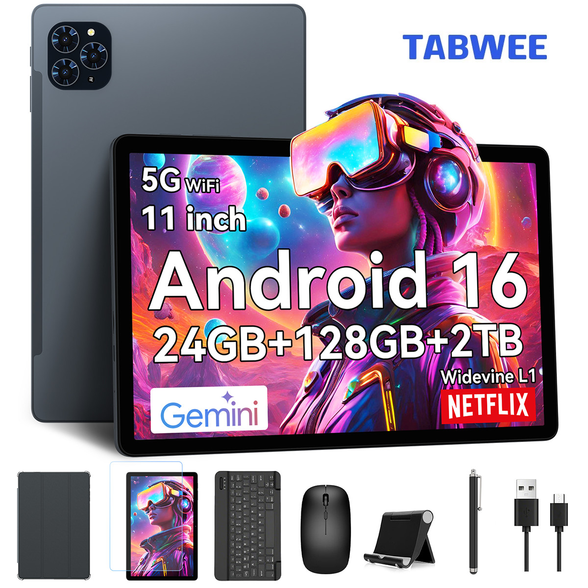 TABWEE T90 11 Inch Android 16 Tablet 24GB+128GB+2TB 5G WiFi Gemini AI Octa Core