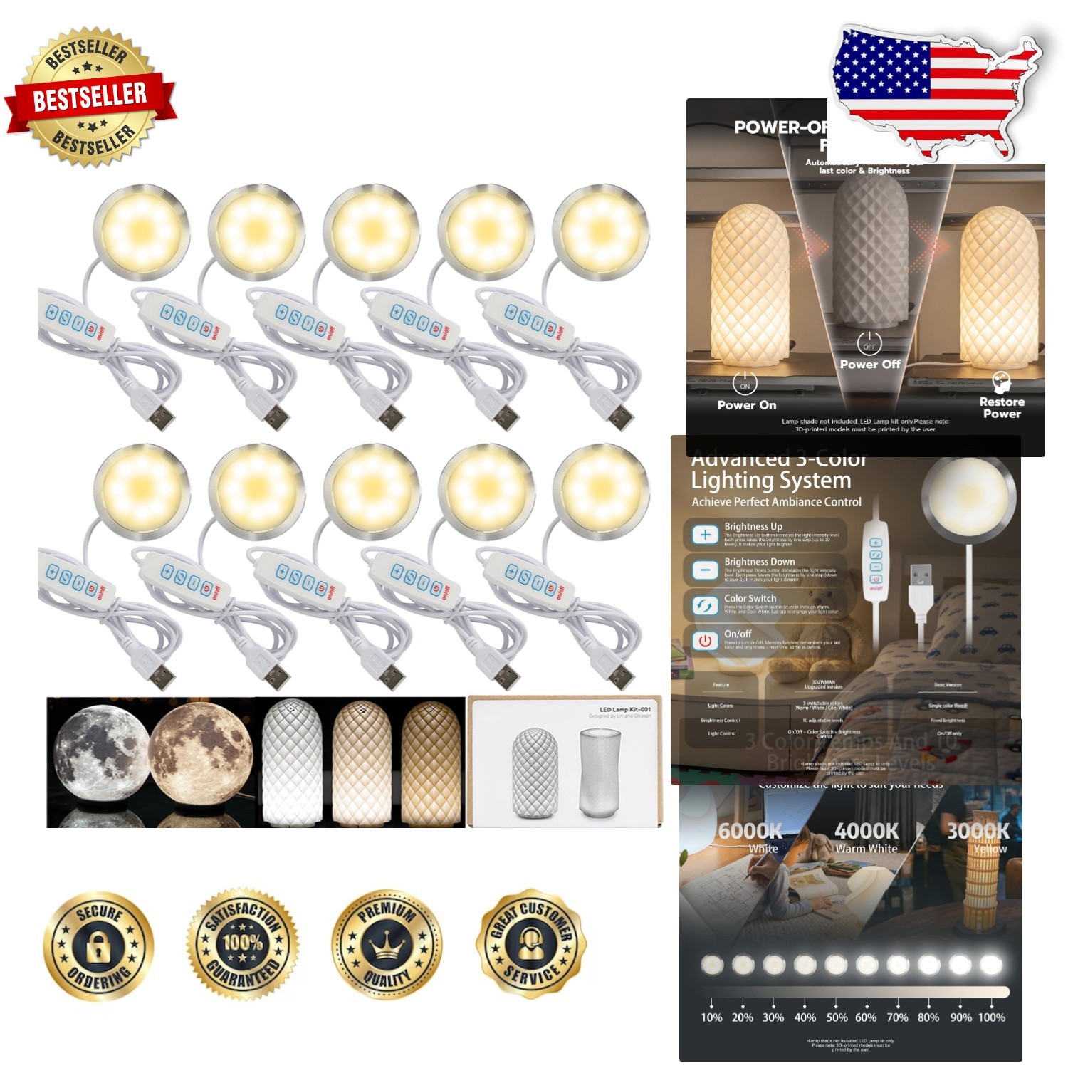 Bambu Lab X1C P1P A1 3D Printer 10X LED Lamp Kit, 3 Color Modes, 10 Brightnes...