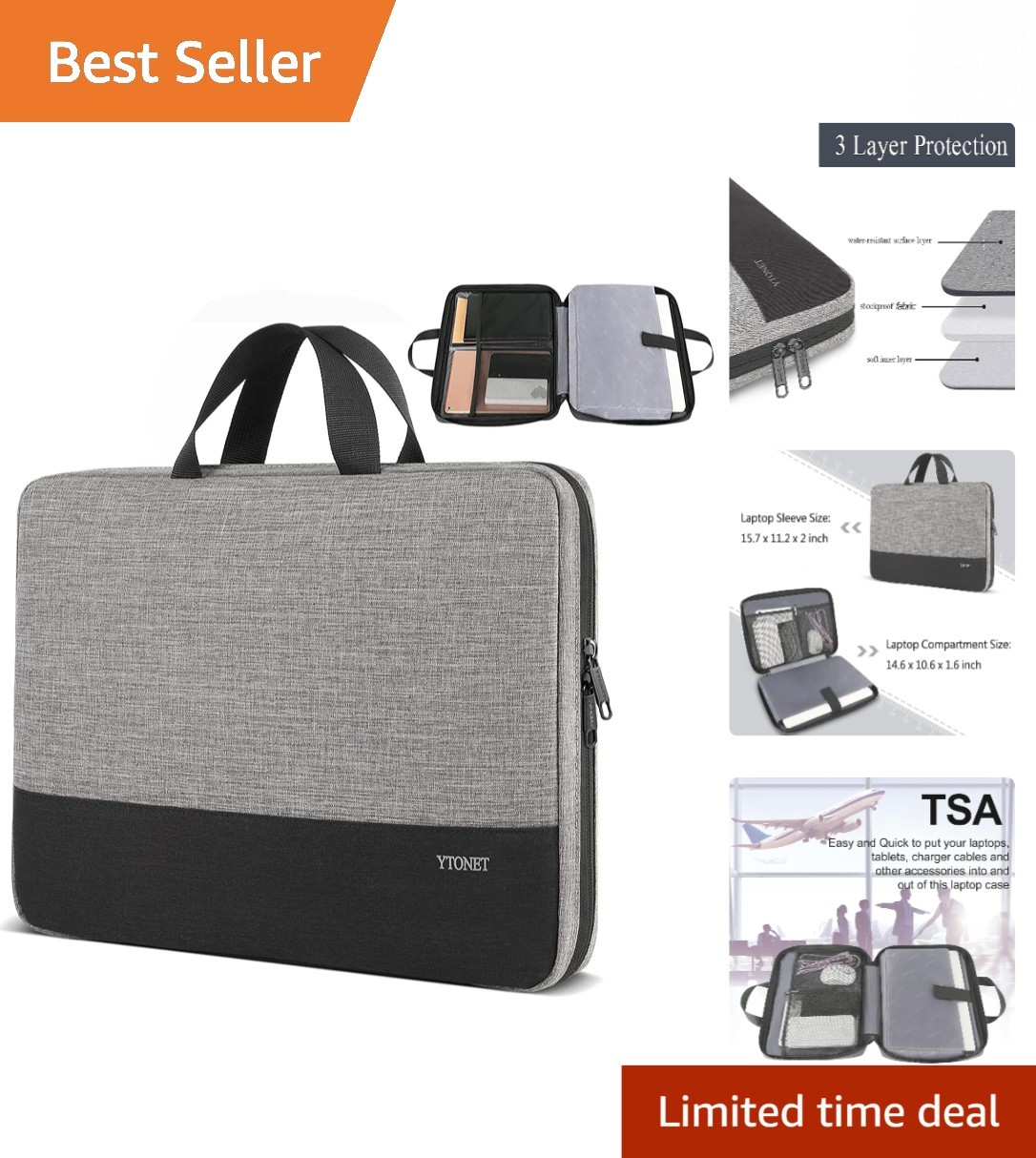 TSA-Friendly Grey Laptop Sleeve for 15-16 inch Devices - Organized and Stylish