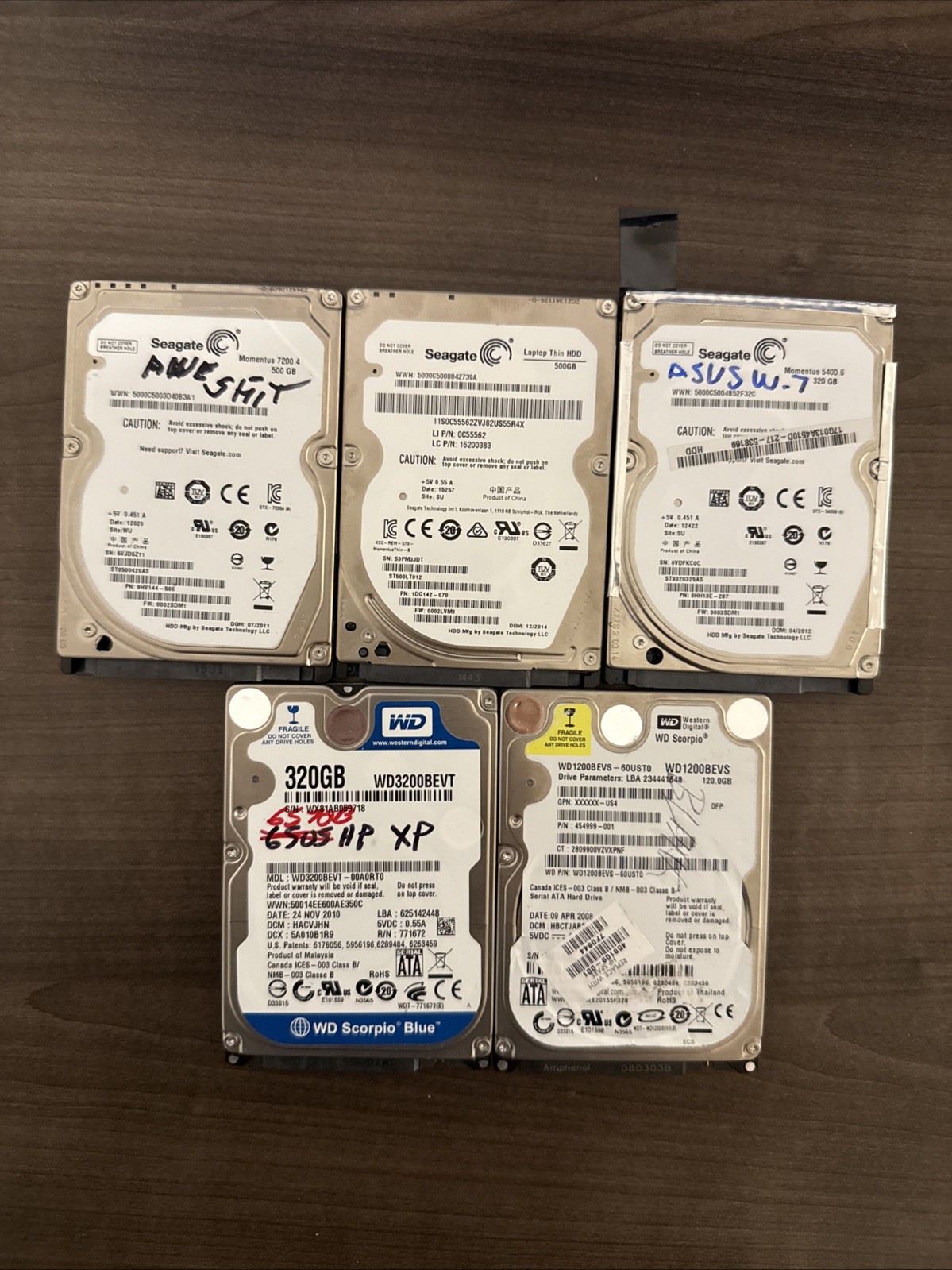 Lot of 5 Laptop SATA Hard Drives – WD Scorpio & Seagate 120/320/500GB – Tested