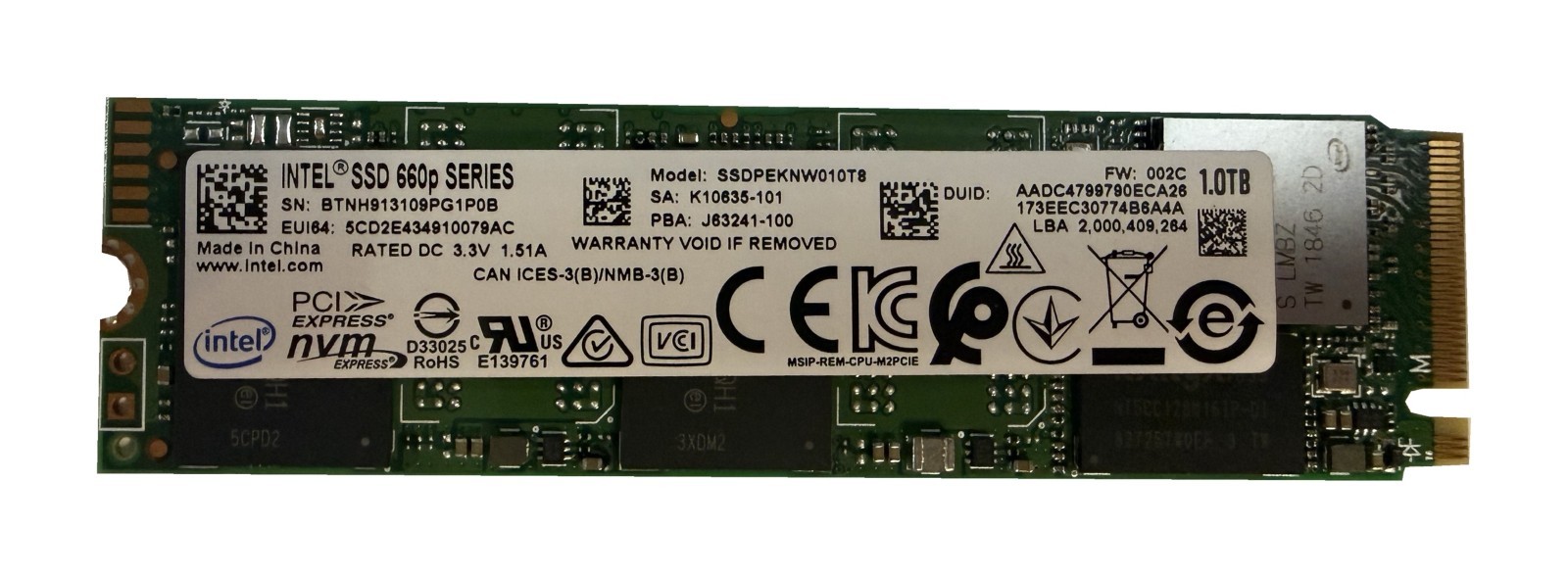 Intel 660p 1TB M.2 2280 NVMe PCIe SSD SSDPEKNW010T8 Working Erased