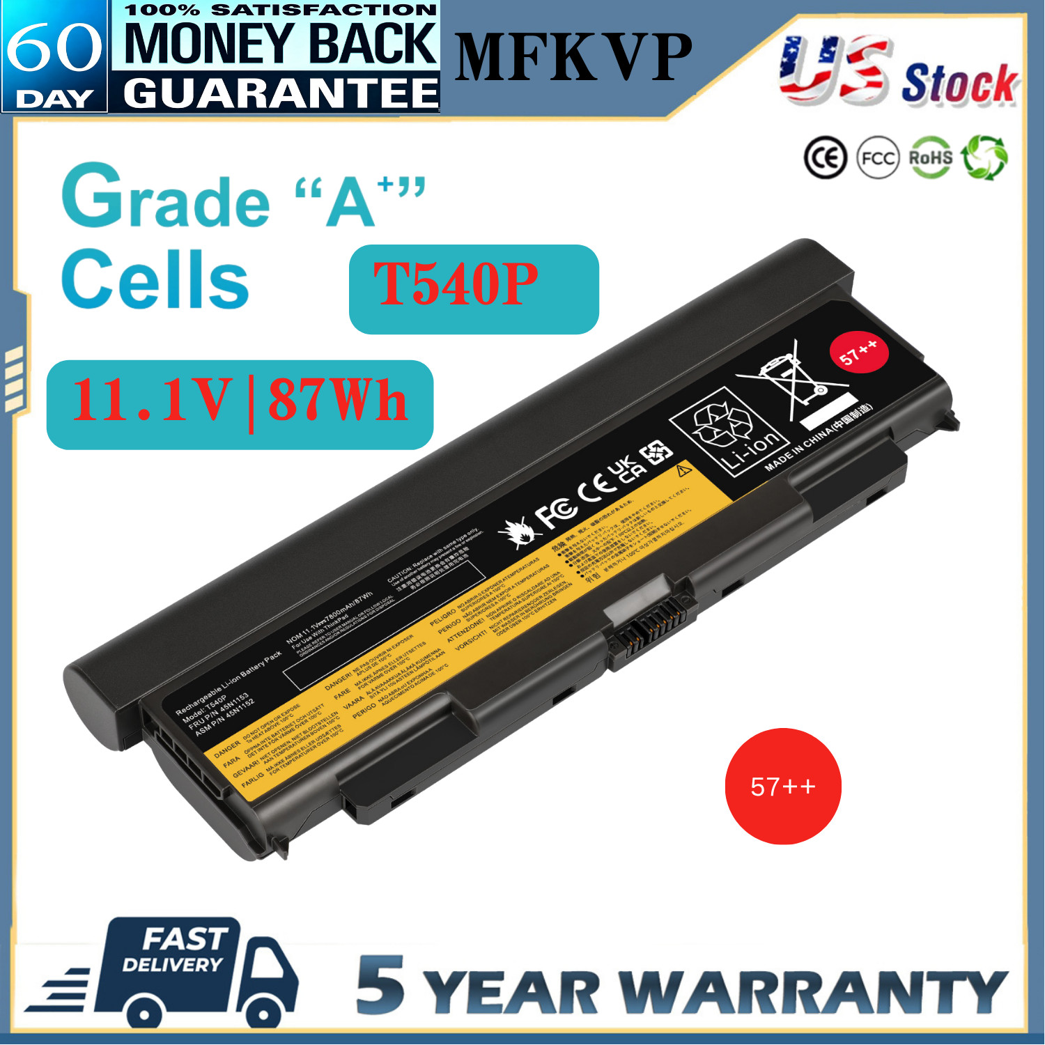 57++ Battery For Lenovo ThinkPad T440P T540P W540 W541 L440 L540 Series 87Wh