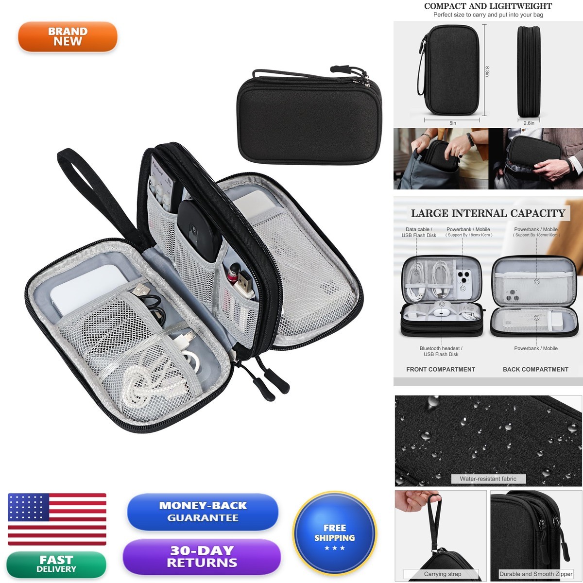FYY Electronic Organizer, Travel Tech Pouch Bag, Medium, Black