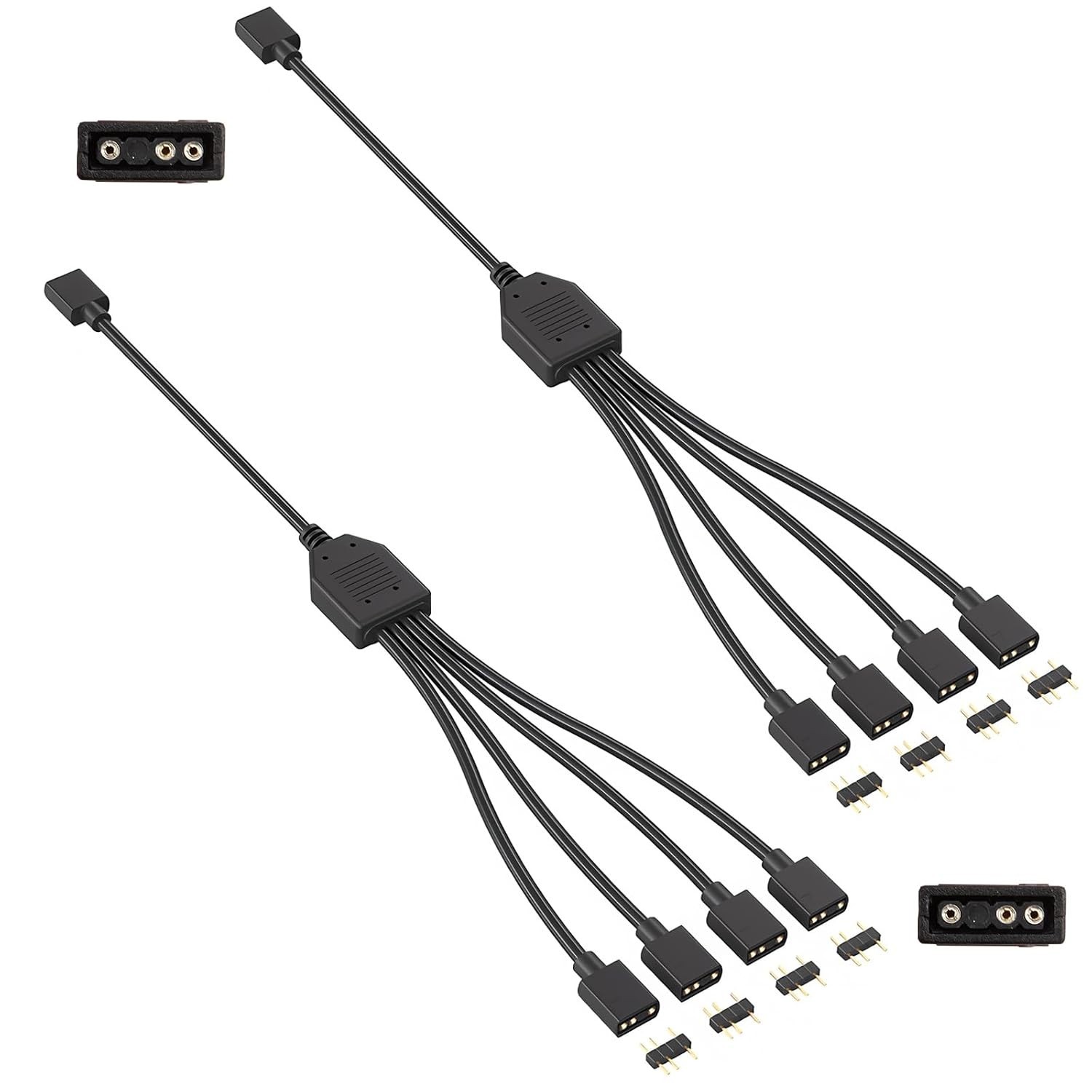 2 Pack 3Pin 5V ARGB Extension Cable Set with 8 Male Pins, 1-To-4 Addressable RGB