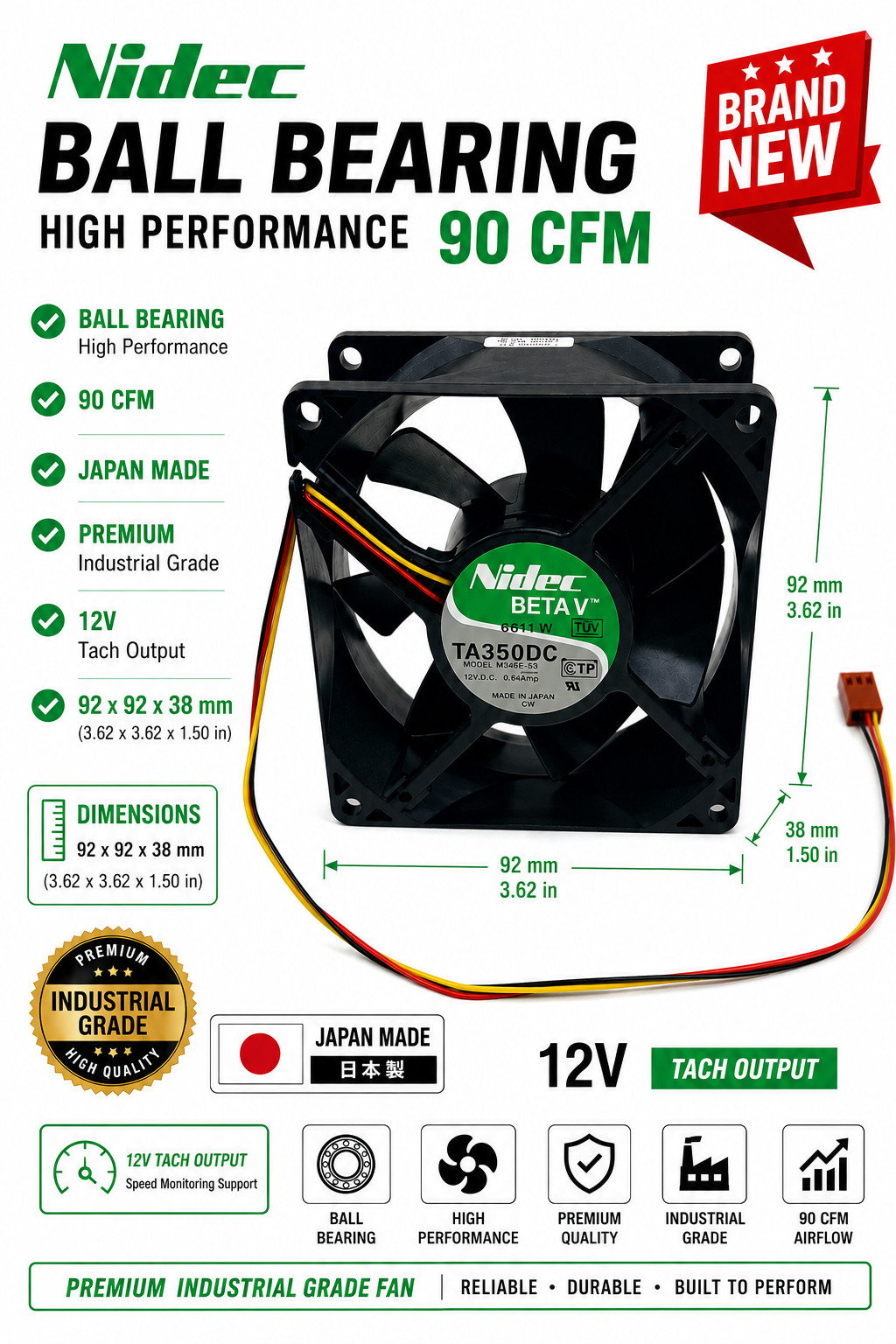 Nidec 92x92x38mm 9238 DC 12V 90CFM Super High Airflow Premium Industrial Fan