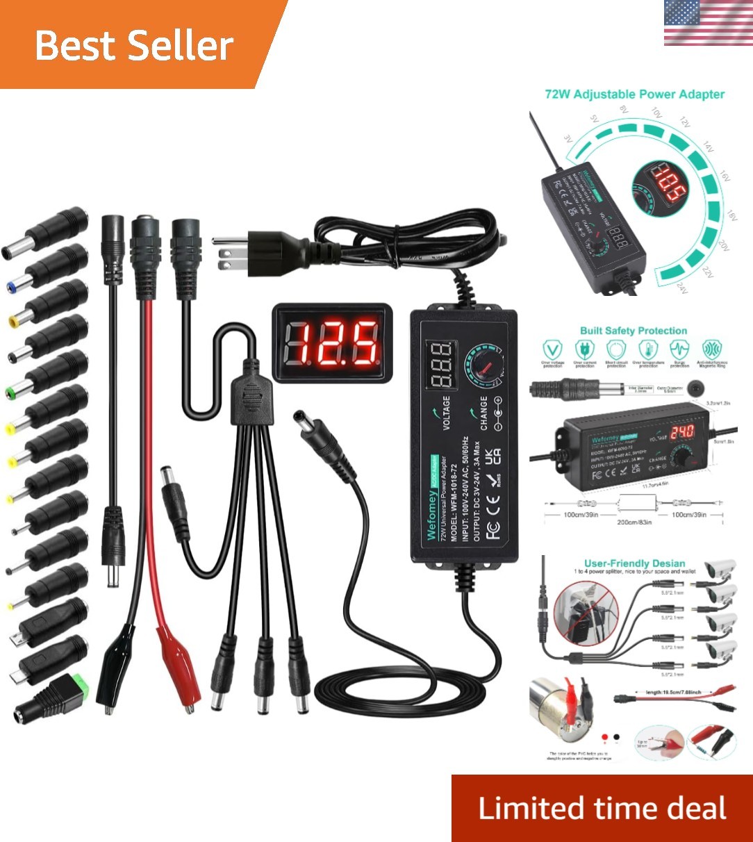 Triple-Connector Universal Adapter: 72W, 3V-24V Adjustable Power Supply Solution
