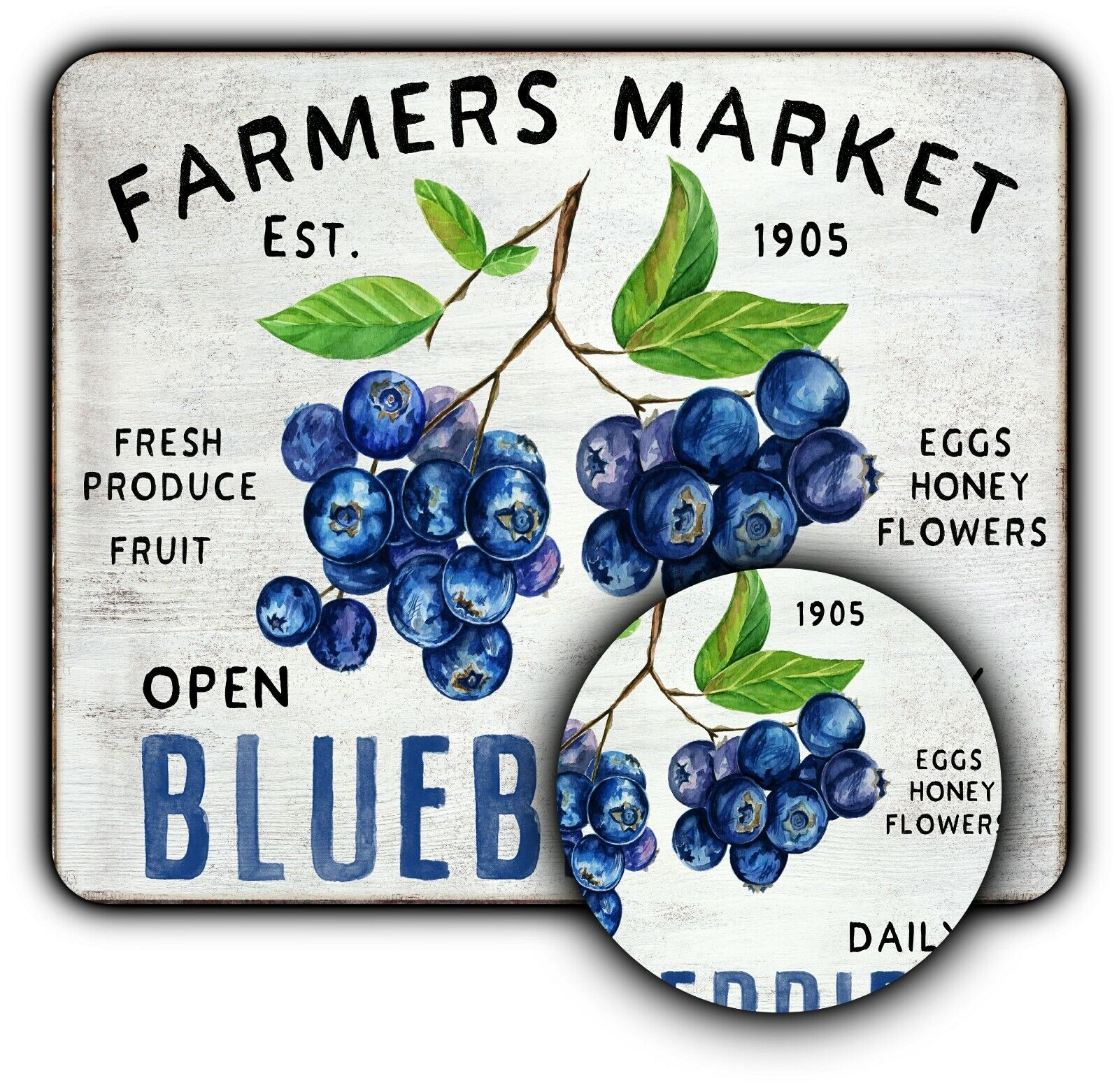 Mouse Pad Sign + Coaster - Vintage Style - Blueberry Farm -1/4