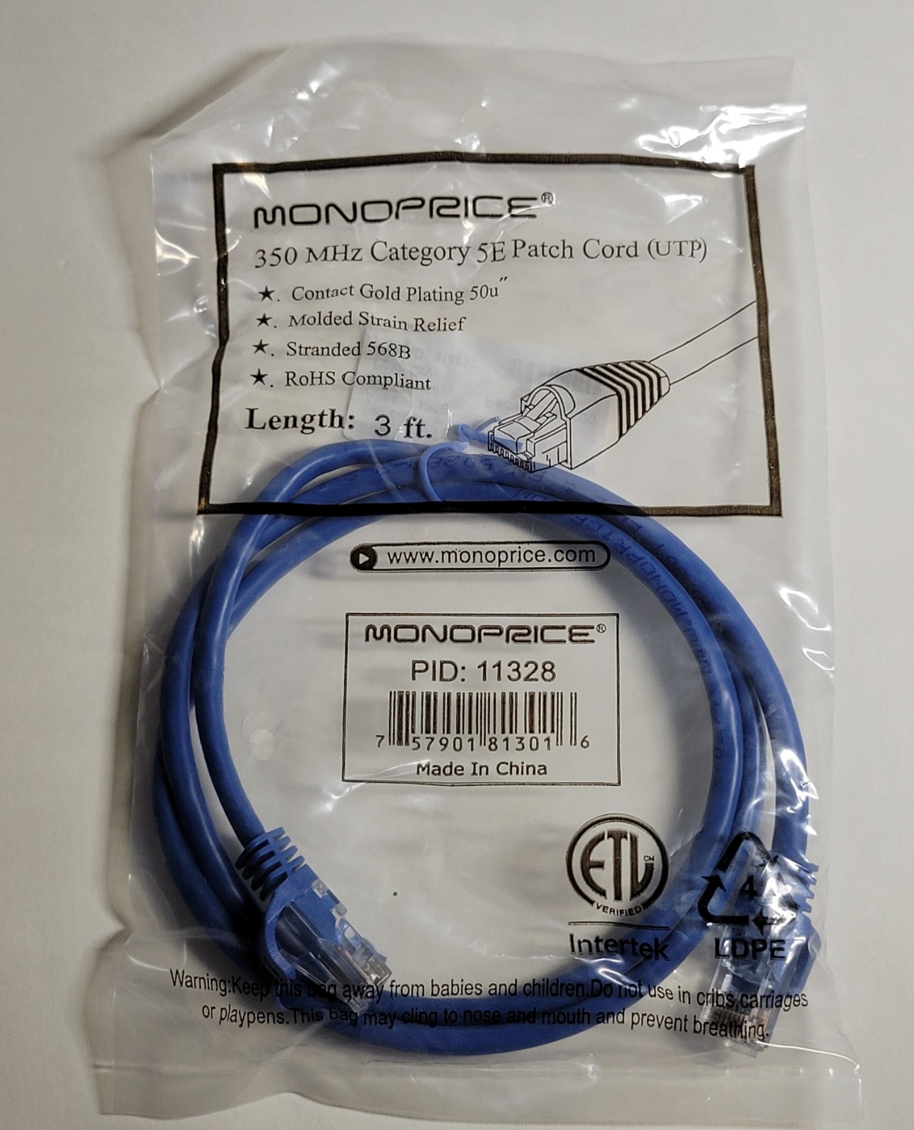 Lot Of 24 New Monoprice	3' 350 MHz Cat 5E Ethernet Patch Cord UTP, Blue 3 Ft.